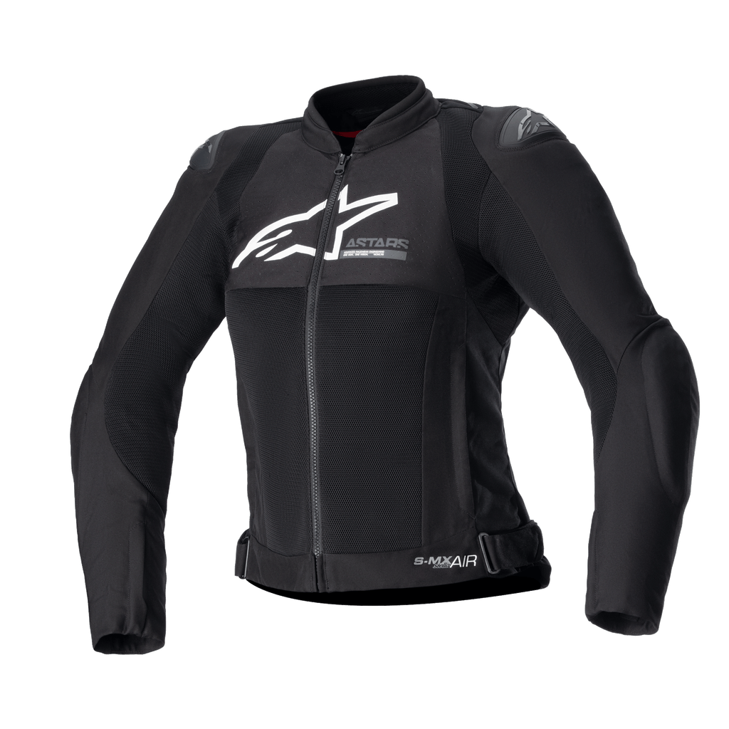 Alpinestars Women Stella SMX Air Jacket, czarna tekstylna i siateczkowa kurtka motocyklowa, białe logo na klatce piersiowej, przedni zamek, wysoki kołnierz, zewnętrzne ślizgacze na ramionach, oddychająca konstrukcja z siatki, sportowy design do jazdy latem