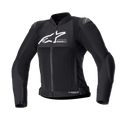 Alpinestars Women Stella SMX Air Jacket, czarna tekstylna i siateczkowa kurtka motocyklowa, białe logo na klatce piersiowej, przedni zamek, wysoki kołnierz, zewnętrzne ślizgacze na ramionach, oddychająca konstrukcja z siatki, sportowy design do jazdy latem