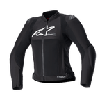 Alpinestars Women Stella SMX Air Jacket, czarna tekstylna i siateczkowa kurtka motocyklowa, białe logo na klatce piersiowej, przedni zamek, wysoki kołnierz, zewnętrzne ślizgacze na ramionach, oddychająca konstrukcja z siatki, sportowy design do jazdy latem