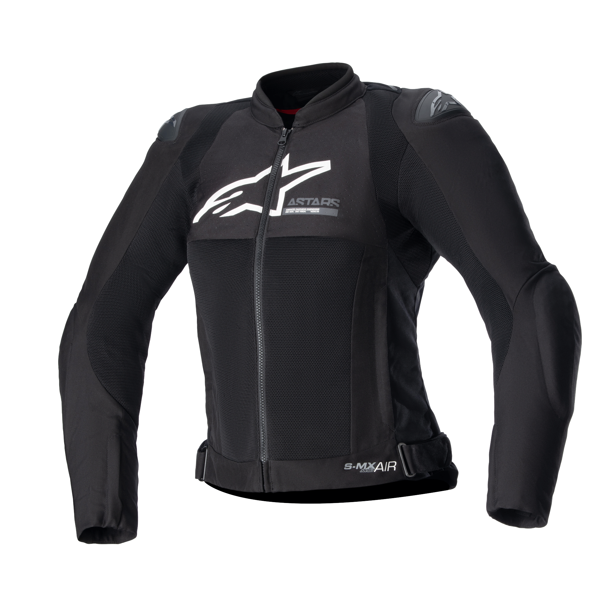 Alpinestars Women Stella SMX Air Jacket, czarna tekstylna i siateczkowa kurtka motocyklowa, białe logo na klatce piersiowej, przedni zamek, wysoki kołnierz, zewnętrzne ślizgacze na ramionach, oddychająca konstrukcja z siatki, sportowy design do jazdy latem