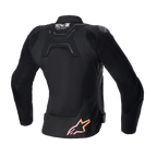Alpinestars Women Stella SMX Air Jacket, widok z tyłu, czarna z panelami siatkowymi, logo „Tech-Air Ready” w górnej części pleców i różowo-pomarańczowe gradientowe logo gwiazdy na dole, ochronna sportowa kurtka motocyklowa