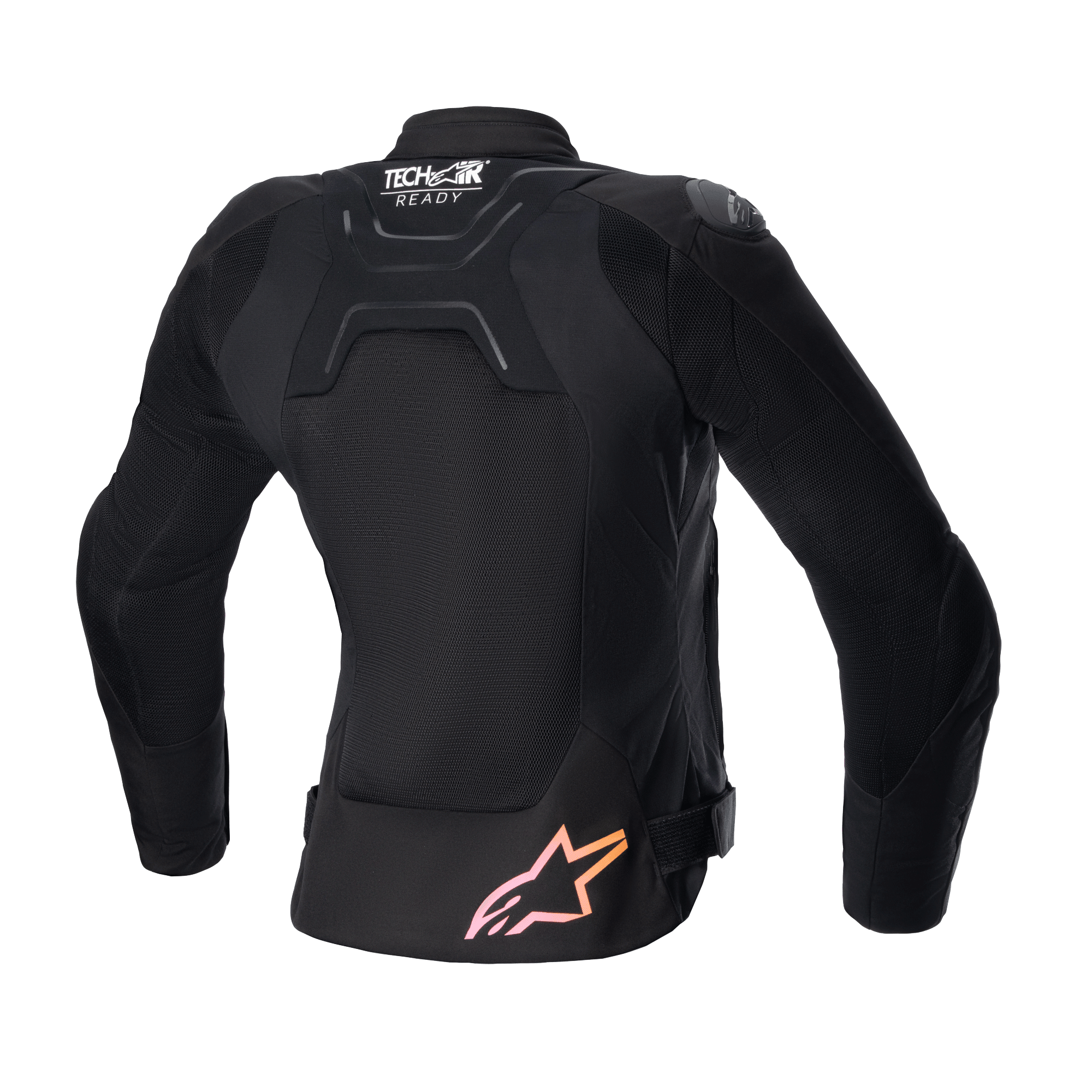 Alpinestars Women Stella SMX Air Jacket, widok z tyłu, czarna z panelami siatkowymi, logo „Tech-Air Ready” w górnej części pleców i różowo-pomarańczowe gradientowe logo gwiazdy na dole, ochronna sportowa kurtka motocyklowa