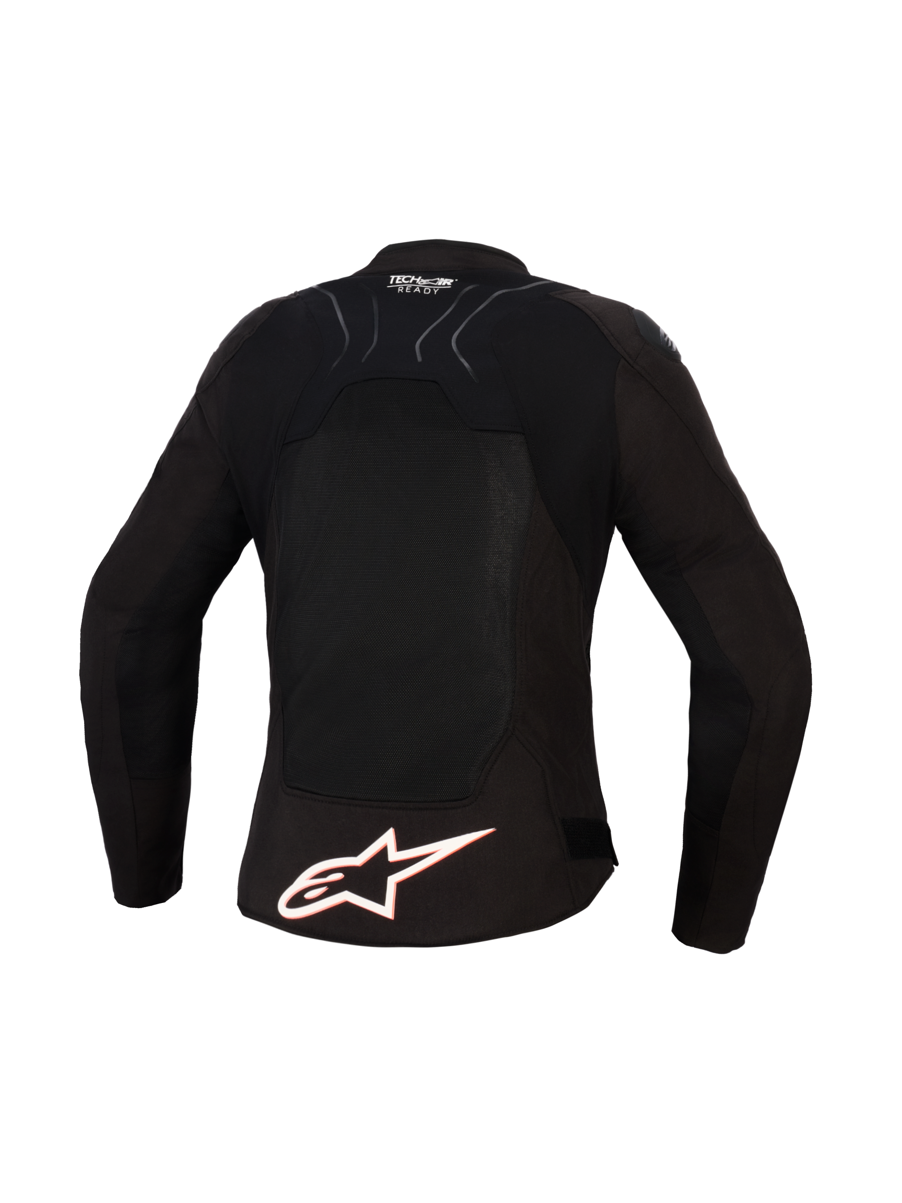 Alpinestars Stella SMX Air Jacket, damska kurtka motocyklowa, widok z tyłu, czarna z białymi i czerwonymi (fluo) akcentami, duże białe logo Alpinestars na dole pleców, panele z siatki mesh zapewniające wentylację, branding Tech-Air Ready
