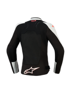 Damska kurtka Alpinestars Stella SMX Air, widok z tyłu, kolor Ice Gray i czarny z akcentami Coral Fluo, duży wentylowany panel siatkowy na plecach, oznaczenie Tech-Air Ready w górnej części pleców, białe logo Alpinestars na dolnej krawędzi.