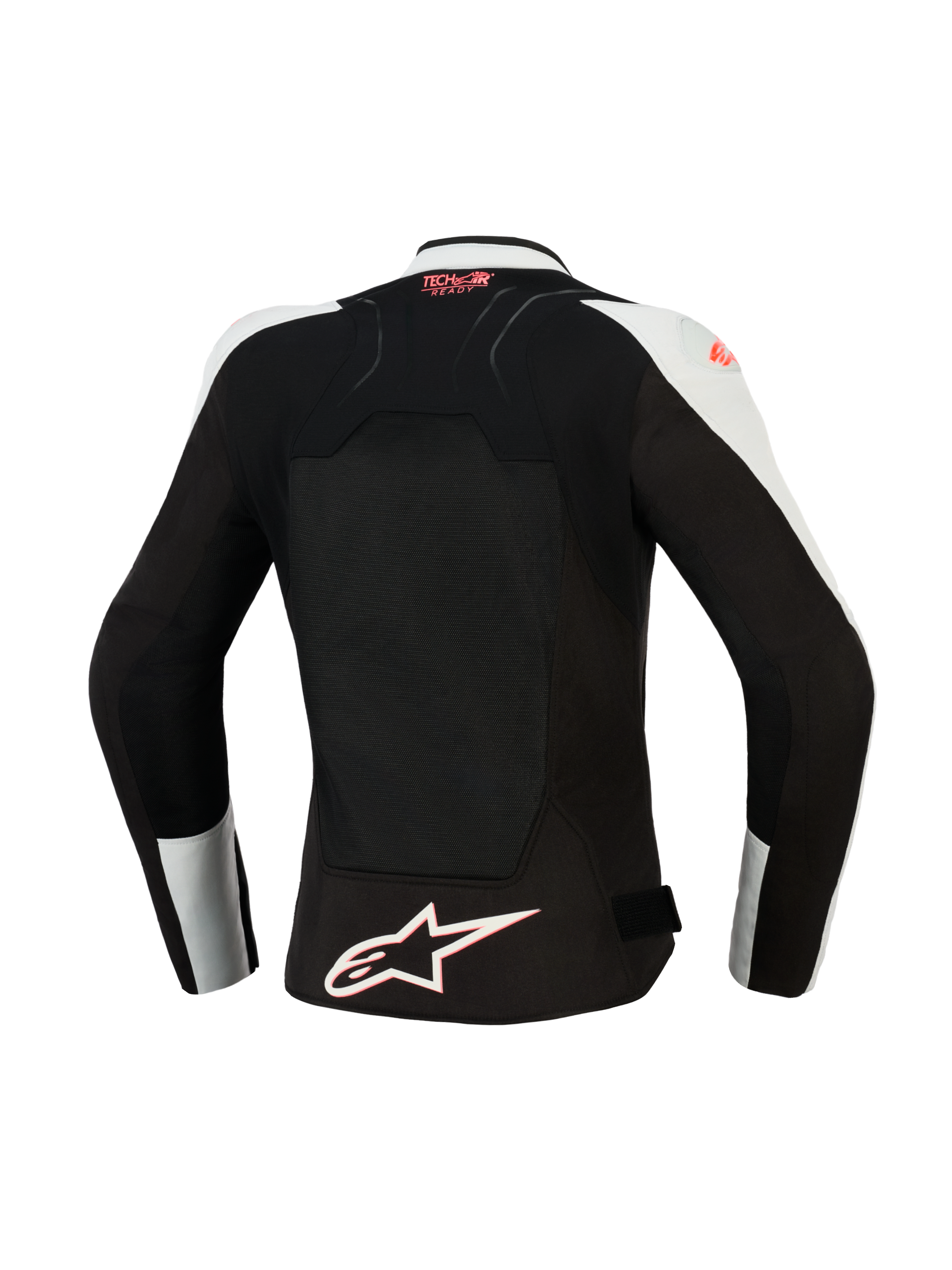 Damska kurtka Alpinestars Stella SMX Air, widok z tyłu, kolor Ice Gray i czarny z akcentami Coral Fluo, duży wentylowany panel siatkowy na plecach, oznaczenie Tech-Air Ready w górnej części pleców, białe logo Alpinestars na dolnej krawędzi.