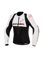 Alpinestars Stella SMX Air Jacket, damska kurtka motocyklowa, kolor Ice Gray Black i Coral Fluo, widok z przodu z perforowanymi panelami tekstylnymi i siatkowymi, koralowe logo Alpinestars na klatce piersiowej i sliderach na ramionach