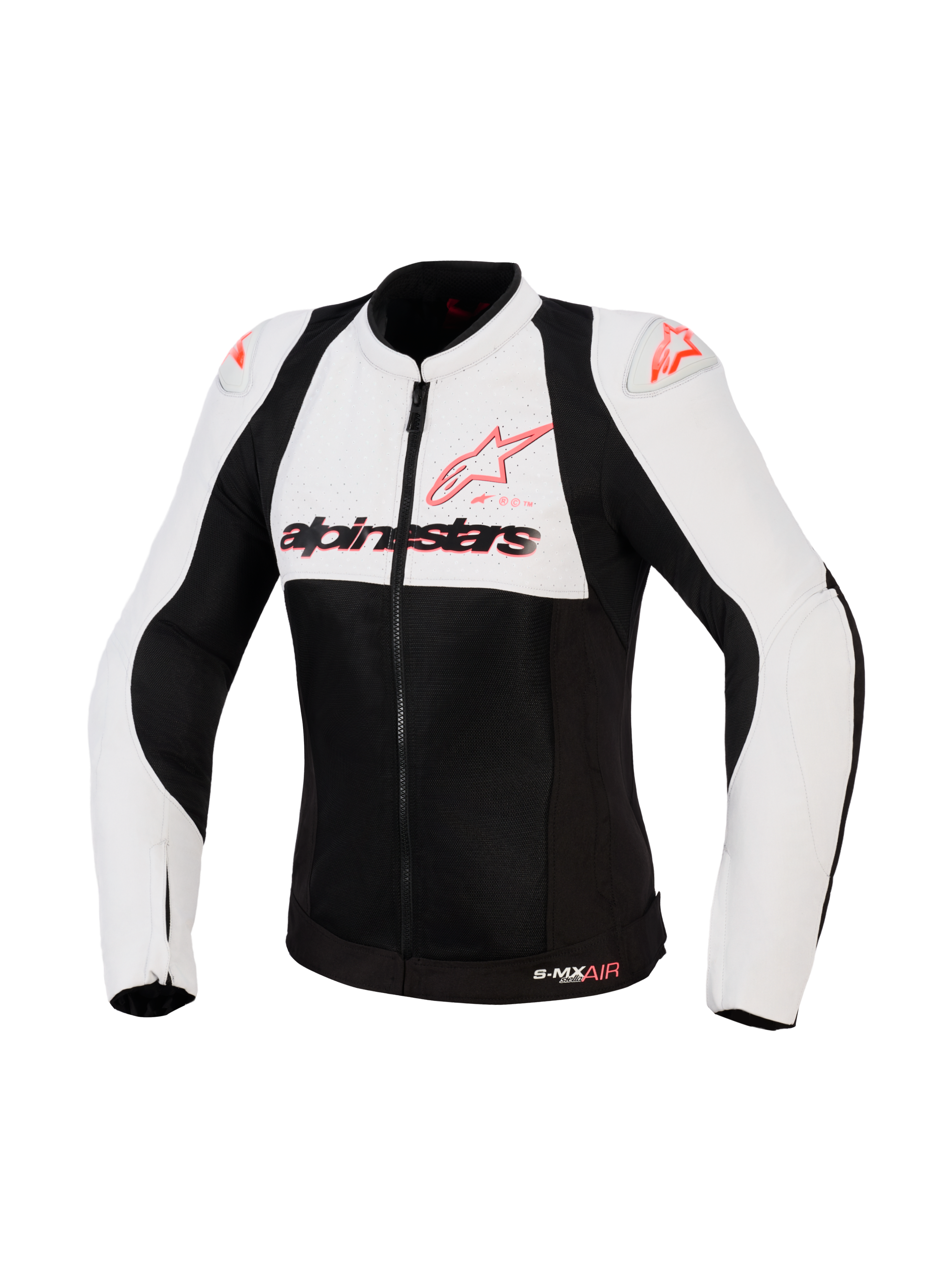 Alpinestars Stella SMX Air Jacket, damska kurtka motocyklowa, kolor Ice Gray Black i Coral Fluo, widok z przodu z perforowanymi panelami tekstylnymi i siatkowymi, koralowe logo Alpinestars na klatce piersiowej i sliderach na ramionach