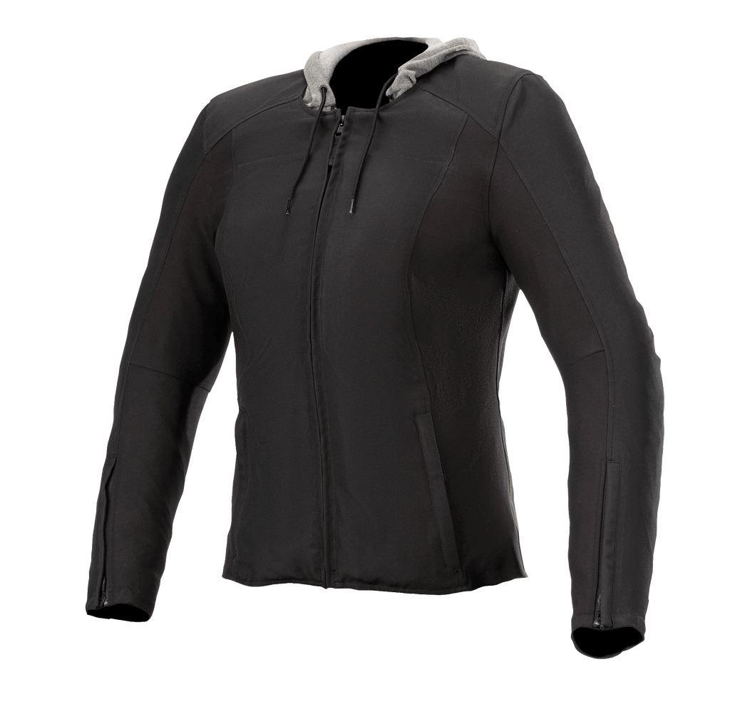 Alpinestars Bond Women's Jacket, czarna z szarym kapturem, damska miejska kurtka motocyklowa, przedni zamek błyskawiczny, długie rękawy z zamkami na mankietach, dopasowany krój, gładki woskowany materiał tekstylny