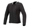 Alpinestars Bond Women's Jacket, czarna z szarym kapturem, damska miejska kurtka motocyklowa, przedni zamek błyskawiczny, długie rękawy z zamkami na mankietach, dopasowany krój, gładki woskowany materiał tekstylny
