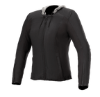Alpinestars Bond Women's Jacket, czarna z szarym kapturem, damska miejska kurtka motocyklowa, przedni zamek błyskawiczny, długie rękawy z zamkami na mankietach, dopasowany krój, gładki woskowany materiał tekstylny