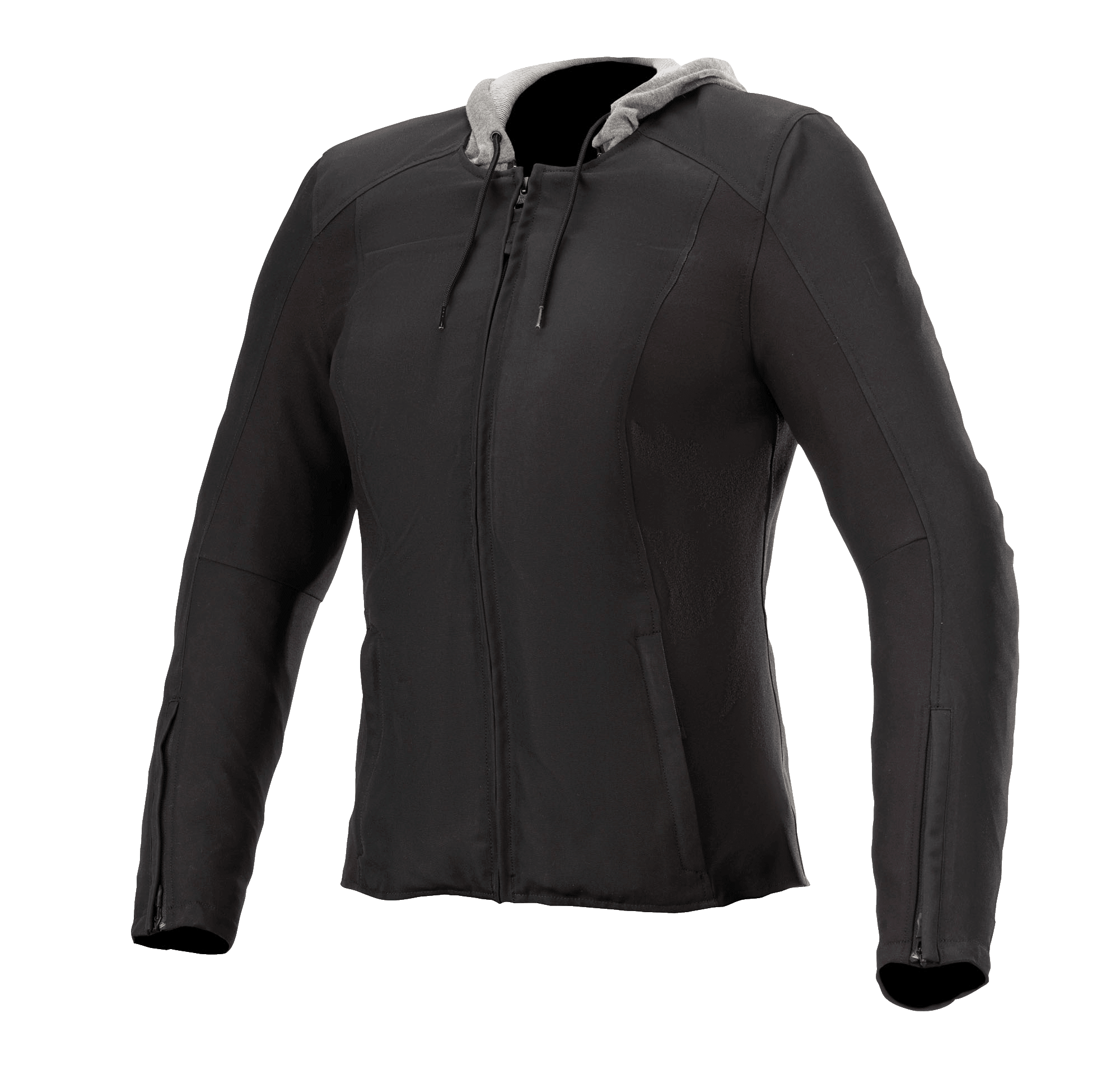 Alpinestars Bond Women's Jacket, czarna z szarym kapturem, damska miejska kurtka motocyklowa, przedni zamek błyskawiczny, długie rękawy z zamkami na mankietach, dopasowany krój, gładki woskowany materiał tekstylny