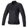 Alpinestars Eloise V2 Women's Air Jacket, Black Motorcycle Jacket, all-black textile and mesh construction, featuring a front zipper, high collar, and adjustable waist straps, sleek design for urban street riding