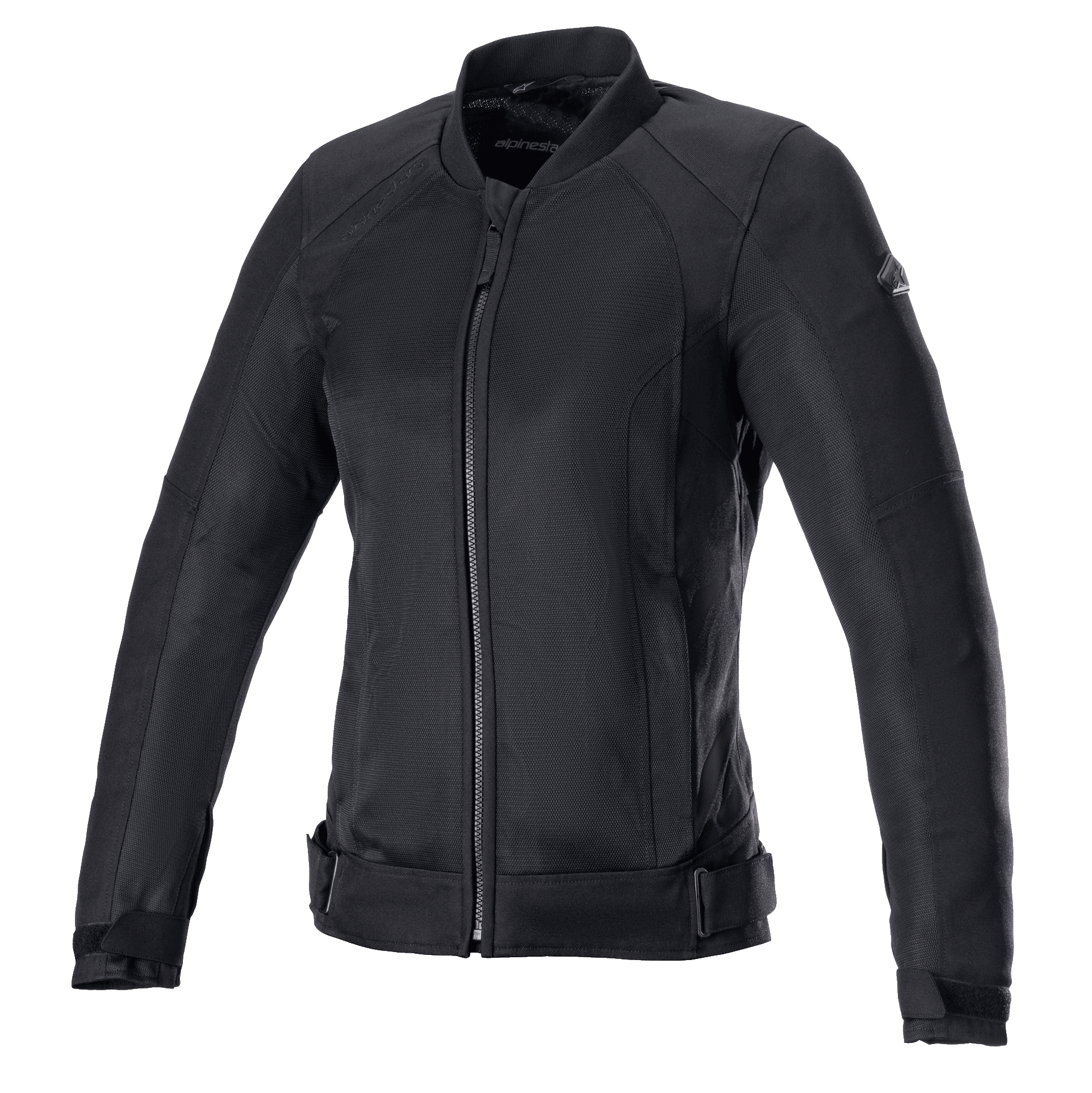 Alpinestars Eloise V2 Women's Air Jacket, Black Motorcycle Jacket, all-black textile and mesh construction, featuring a front zipper, high collar, and adjustable waist straps, sleek design for urban street riding