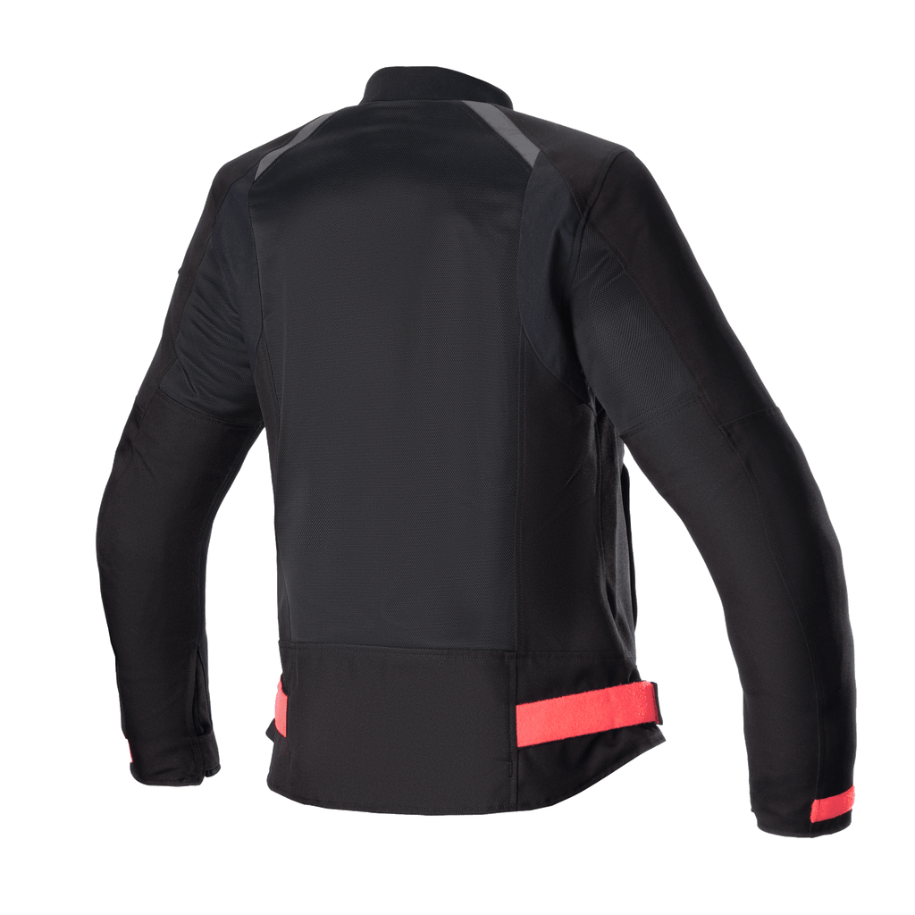 Alpinestars Eloise V2 Women's Air Jacket, Women's Motorcycle Jacket, Black with Diva Pink accents, back view showing extensive mesh panels for airflow, adjustable pink waist straps, and elongated rear profile for riding comfort