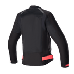 Alpinestars Eloise V2 Women's Air Jacket, Women's Motorcycle Jacket, Black with Diva Pink accents, back view showing extensive mesh panels for airflow, adjustable pink waist straps, and elongated rear profile for riding comfort