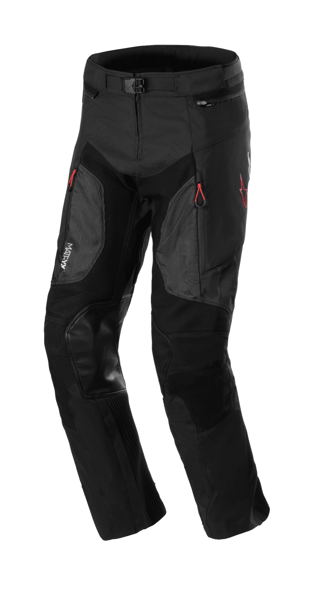 Alpinestars AMT 7 Air Pants, motocyklowe spodnie ochronne, czarne Dark Shadow z czerwonymi akcentami, panele wentylacyjne MATRYX na udach, wzmocnione skórzane łaty na kolanach, regulowany pas, wytrzymała konstrukcja do jazdy adventure