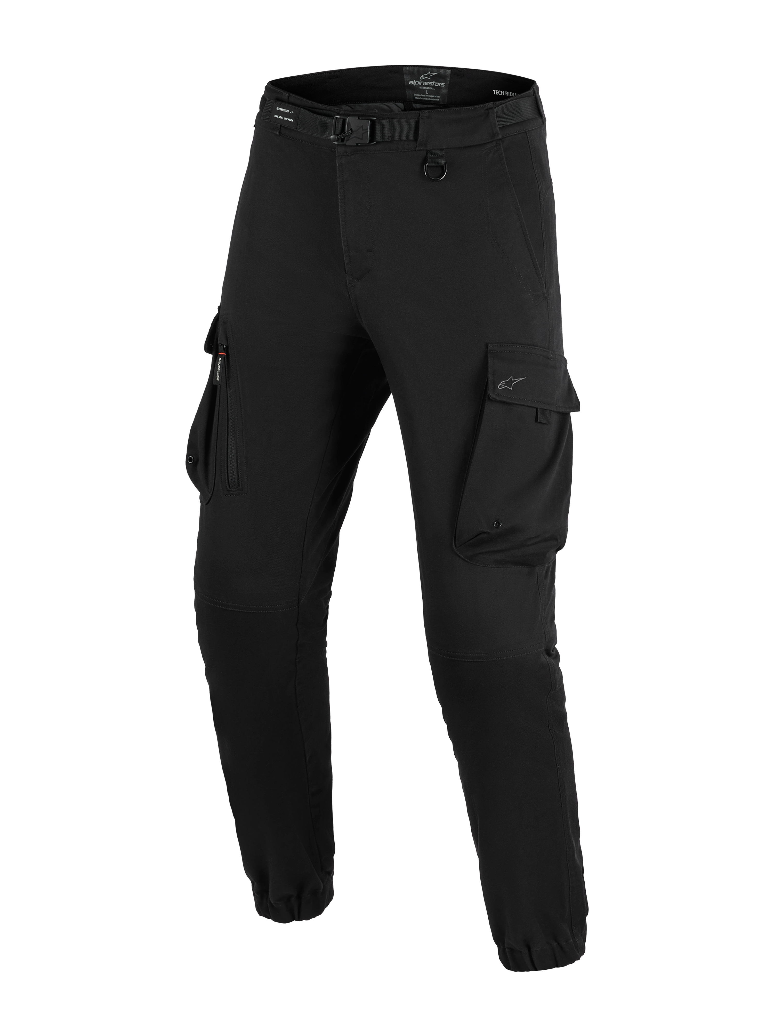 Alpinestars Flex-AST Cargo Pants - Short, miejskie spodnie motocyklowe, czarne, krój regular tapered z elastycznymi mankietami, ze zintegrowanym paskiem z klamrą, pierścieniem D i dużymi bocznymi kieszeniami cargo.