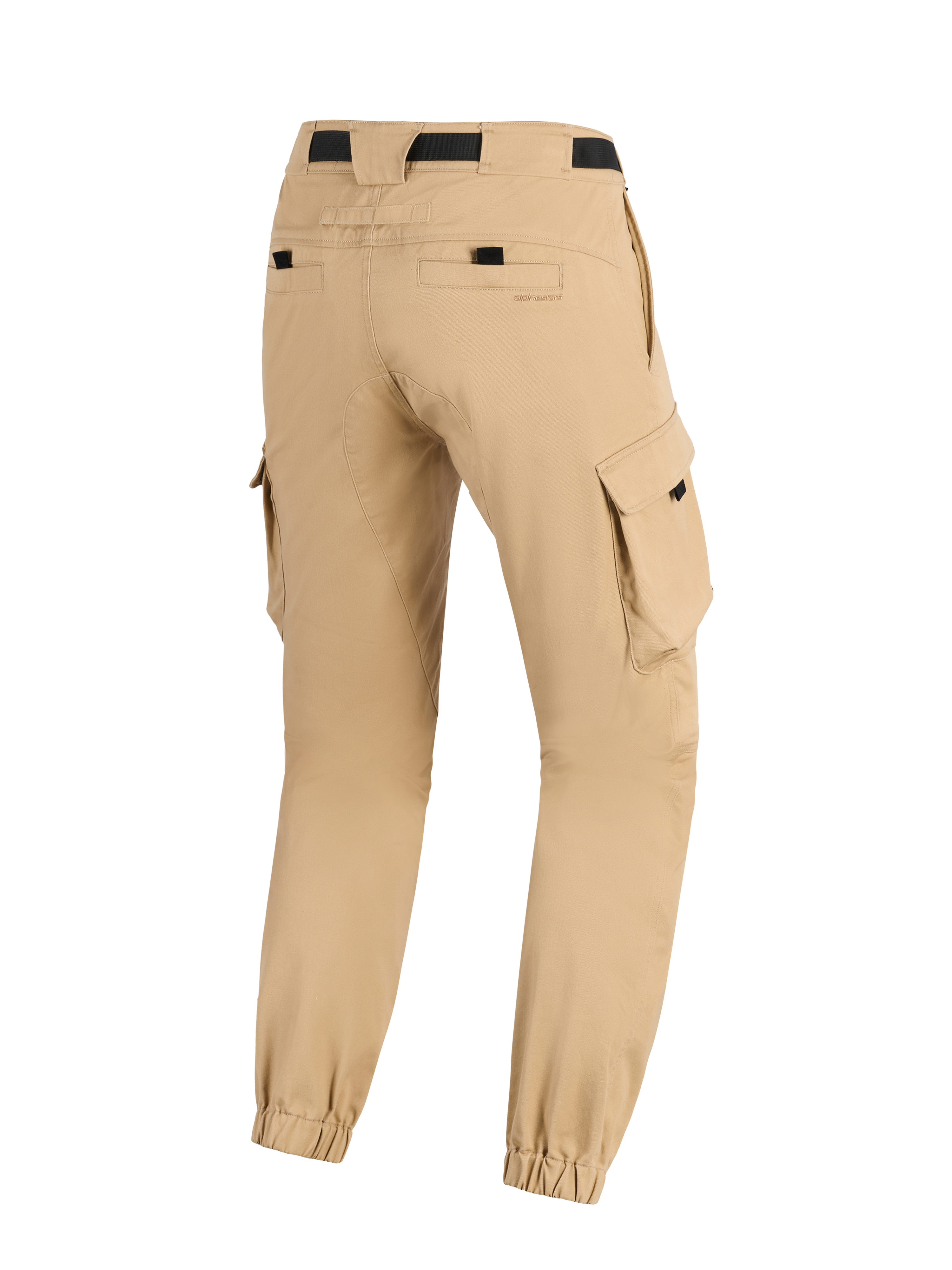 Alpinestars Flex-AST Cargo Pants - Short, miejskie spodnie motocyklowe, jasnobeżowe, widok z tyłu pokazujący boczne kieszenie cargo, elastyczne ściągacze przy kostkach oraz tylne kieszenie z czarnymi akcentami, wytrzymały nowoczesny design