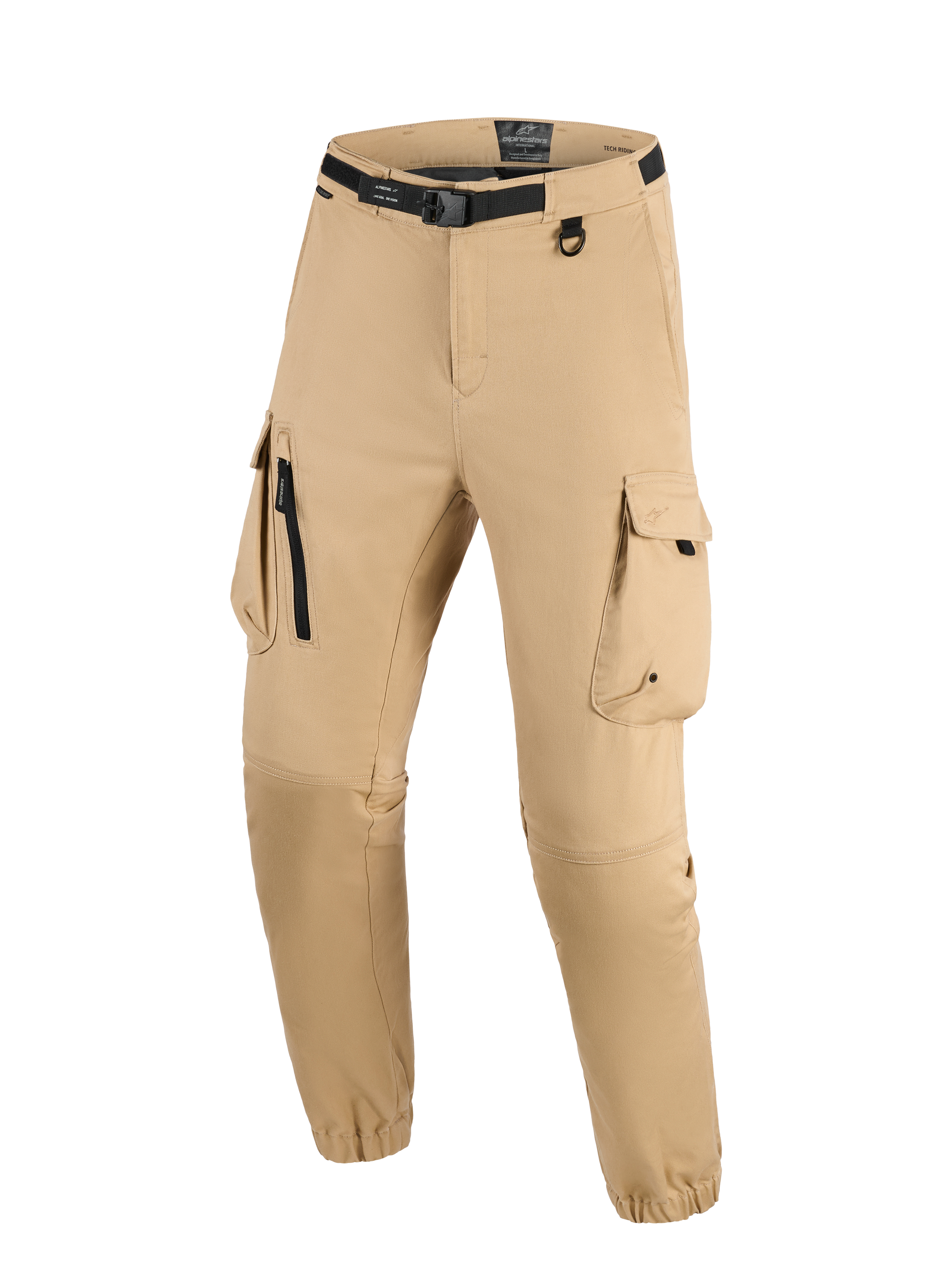 Alpinestars Flex-AST Cargo Pants - Short, jasnobeżowe miejskie spodnie motocyklowe, wielokieszeniowy design cargo, zintegrowany czarny pasek z klamrą, uchwyt D-ring i elastyczne mankiety zapewniające dopasowany krój