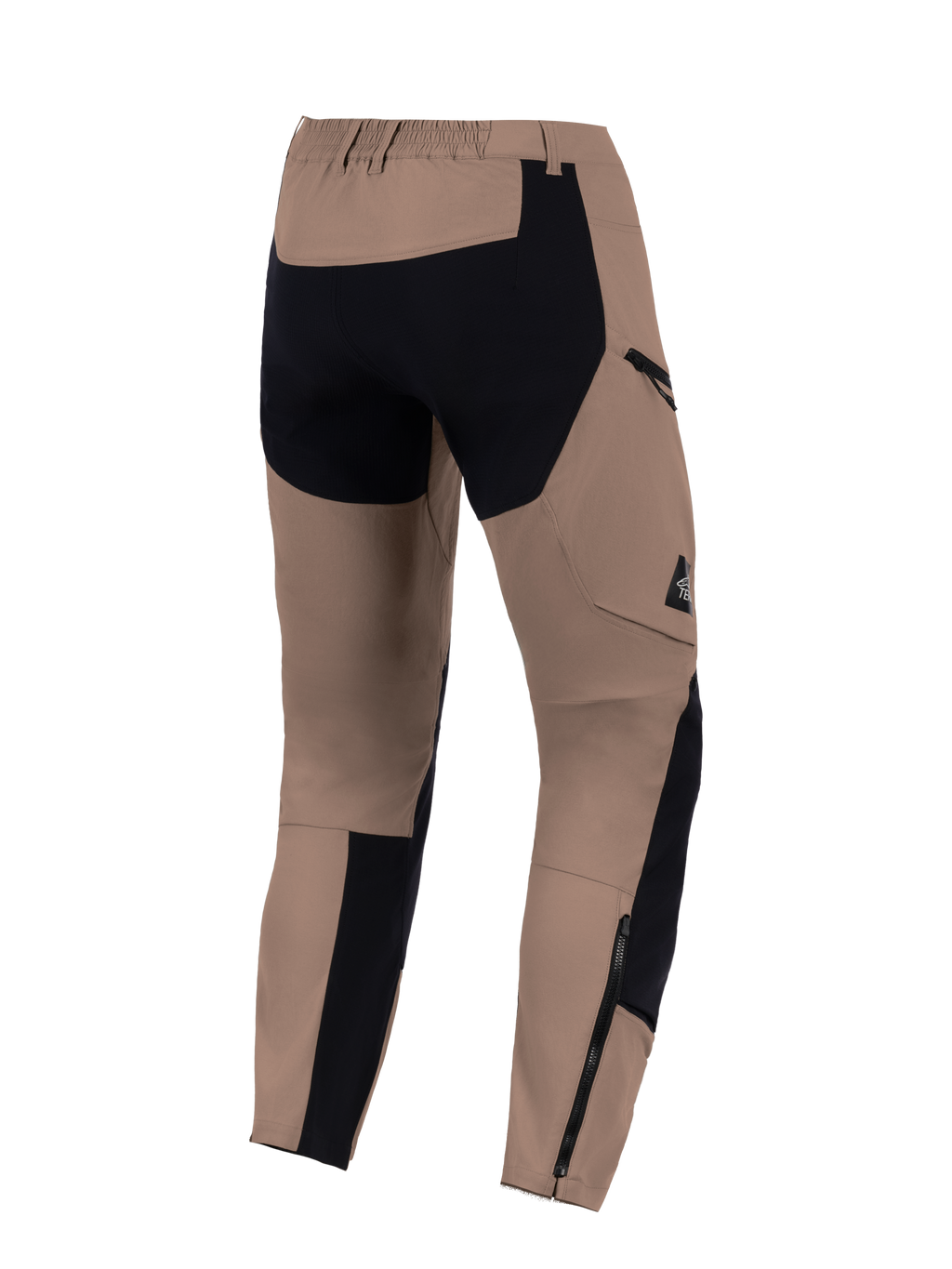 Alpinestars Flex-AST Explorer Pants, Walnut Black, widok z tyłu, spodnie motocyklowe adventure wyposażone we wzmocnione czarne panele na siedzeniu i dole nogawek, kieszeń cargo na zamek oraz długie zamki u dołu nogawek dla kompatybilności z butami.