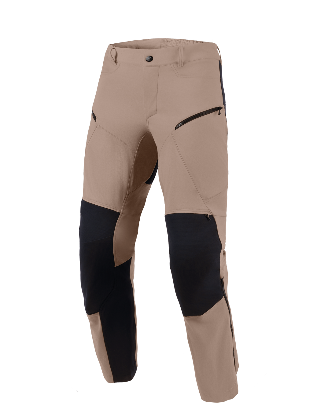 Alpinestars Flex-AST Explorer Pants, Walnut Black, spodnie motocyklowe adventure, brązowa elastyczna tkanina z czarnymi wzmocnieniami ripstop na kolanach i wewnątrz nogawek, kieszenie cargo na zamek, wytrzymały design na zróżnicowany teren