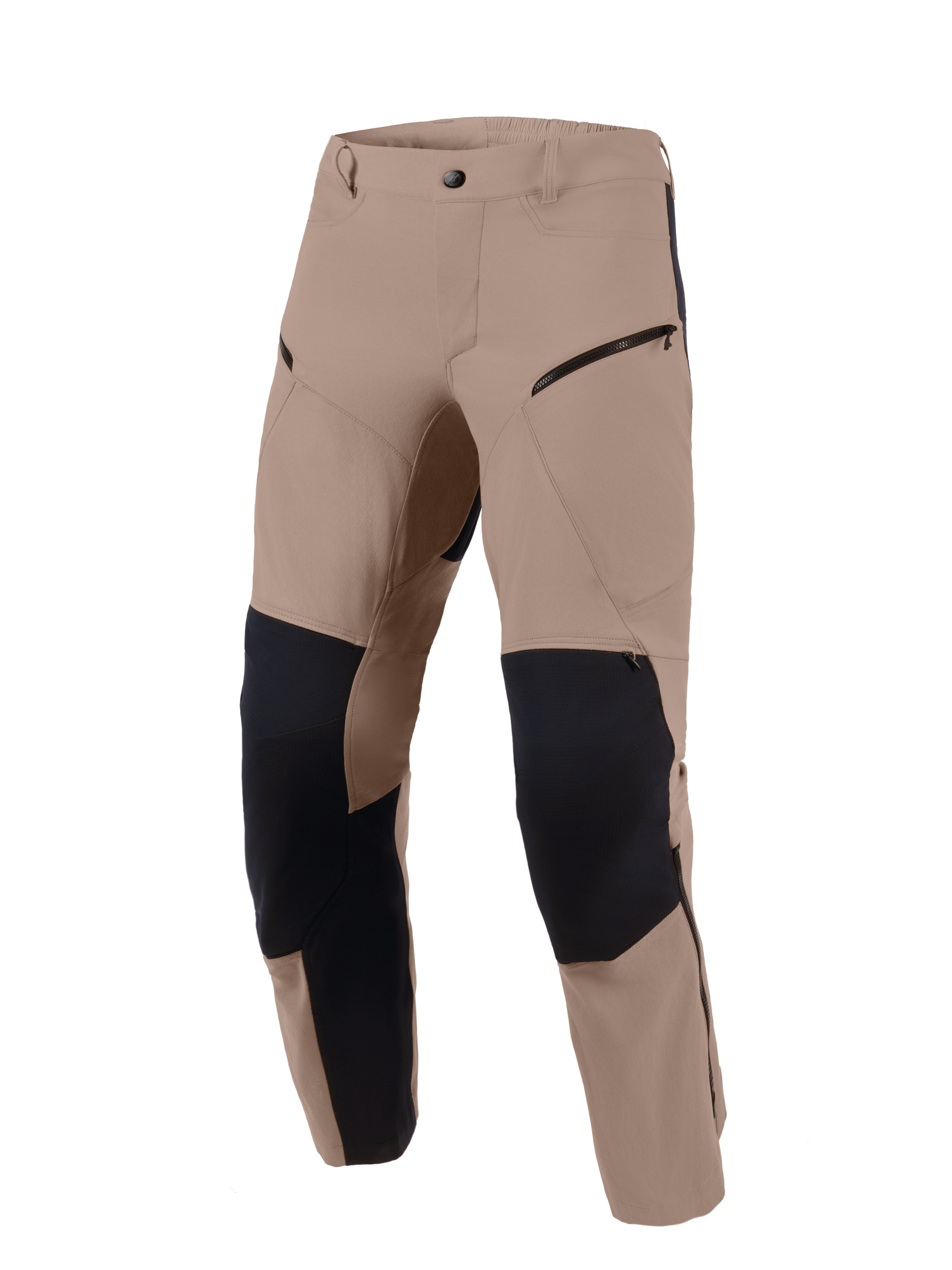 Alpinestars Flex-AST Explorer Pants, Walnut Black, spodnie motocyklowe adventure, brązowa elastyczna tkanina z czarnymi wzmocnieniami ripstop na kolanach i wewnątrz nogawek, kieszenie cargo na zamek, wytrzymały design na zróżnicowany teren