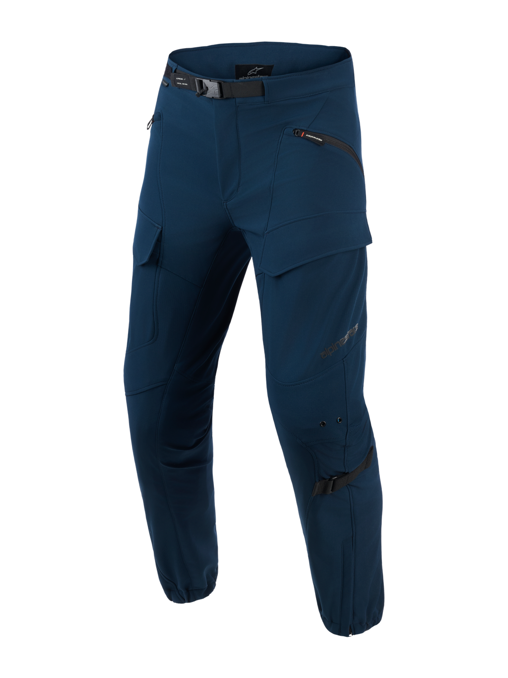 Alpinestars Juggernaut V2 Riding Pants, Urban Motorcycle Pants, Night Navy, dark blue technical riding pants with multiple zippered pockets, adjustable black waist belt, reinforced knee areas with adjustment straps, slim fit design with zippered cuffs, softshell ripstop fabric for urban commuting