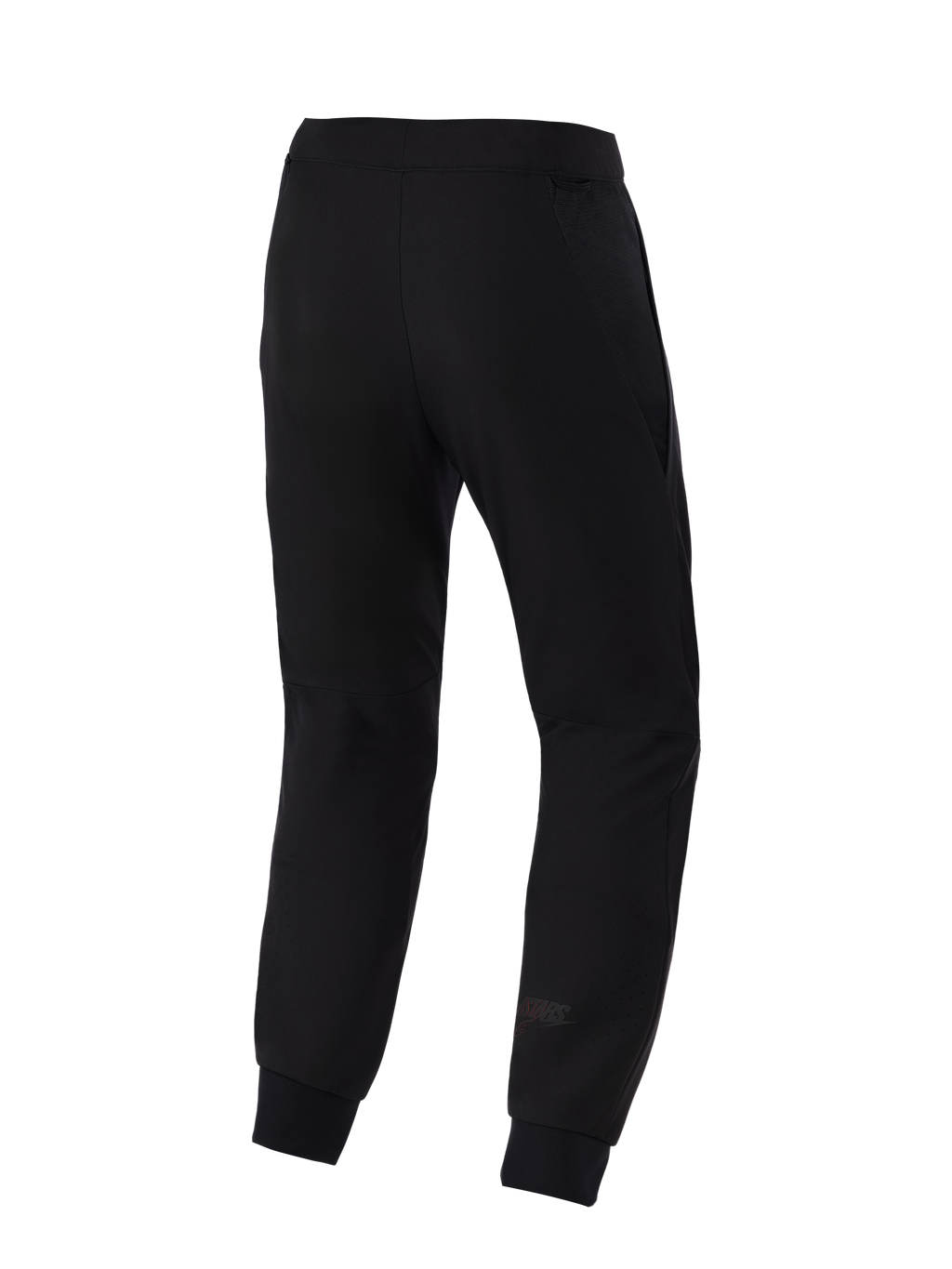 Alpinestars Aeroshell Airflow Pants, spodnie motocyklowe, czarne, widok z tyłu, lekka konstrukcja z elastycznego softshellu, zintegrowane panele z siatki 2D zapewniające oddychalność, laserowo perforowane strefy na łydkach i subtelne logo Astars na dole nogawki.