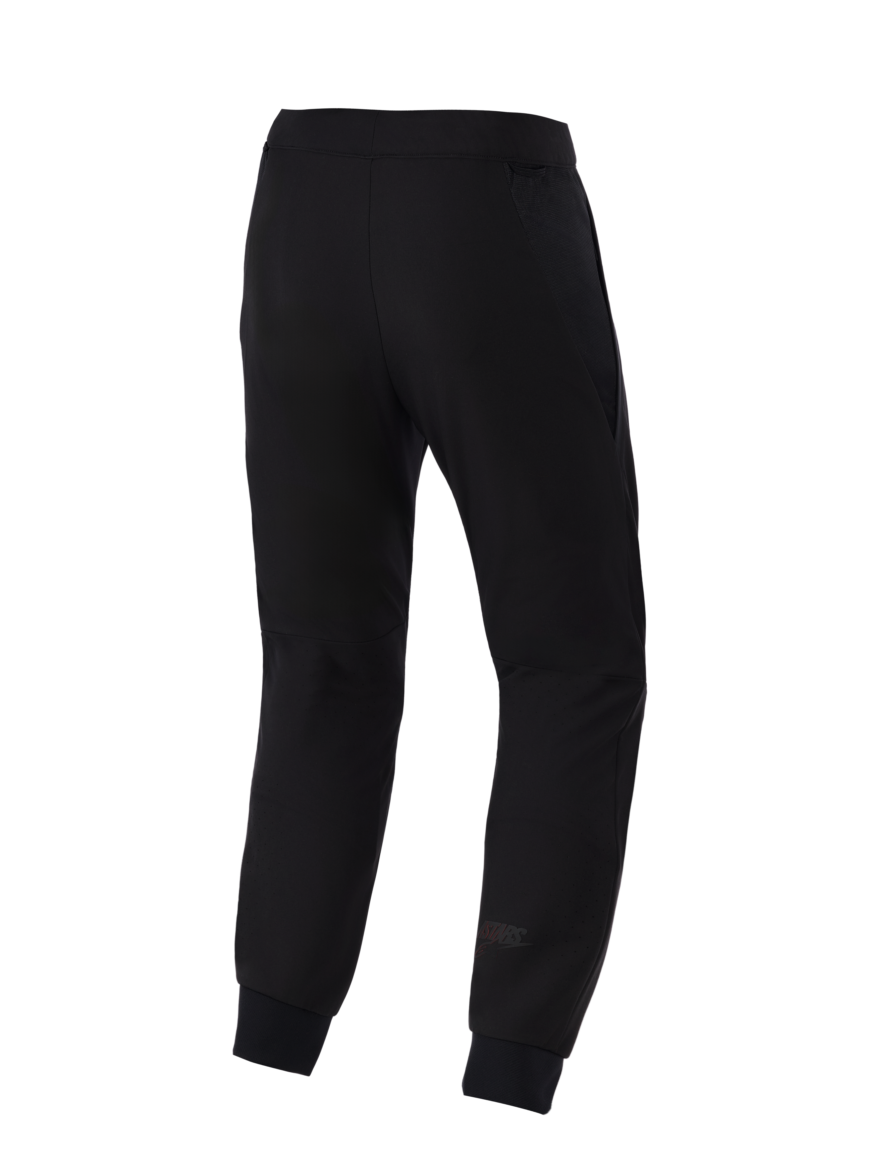 Alpinestars Aeroshell Airflow Pants, spodnie motocyklowe, czarne, widok z tyłu, lekka konstrukcja z elastycznego softshellu, zintegrowane panele z siatki 2D zapewniające oddychalność, laserowo perforowane strefy na łydkach i subtelne logo Astars na dole nogawki.