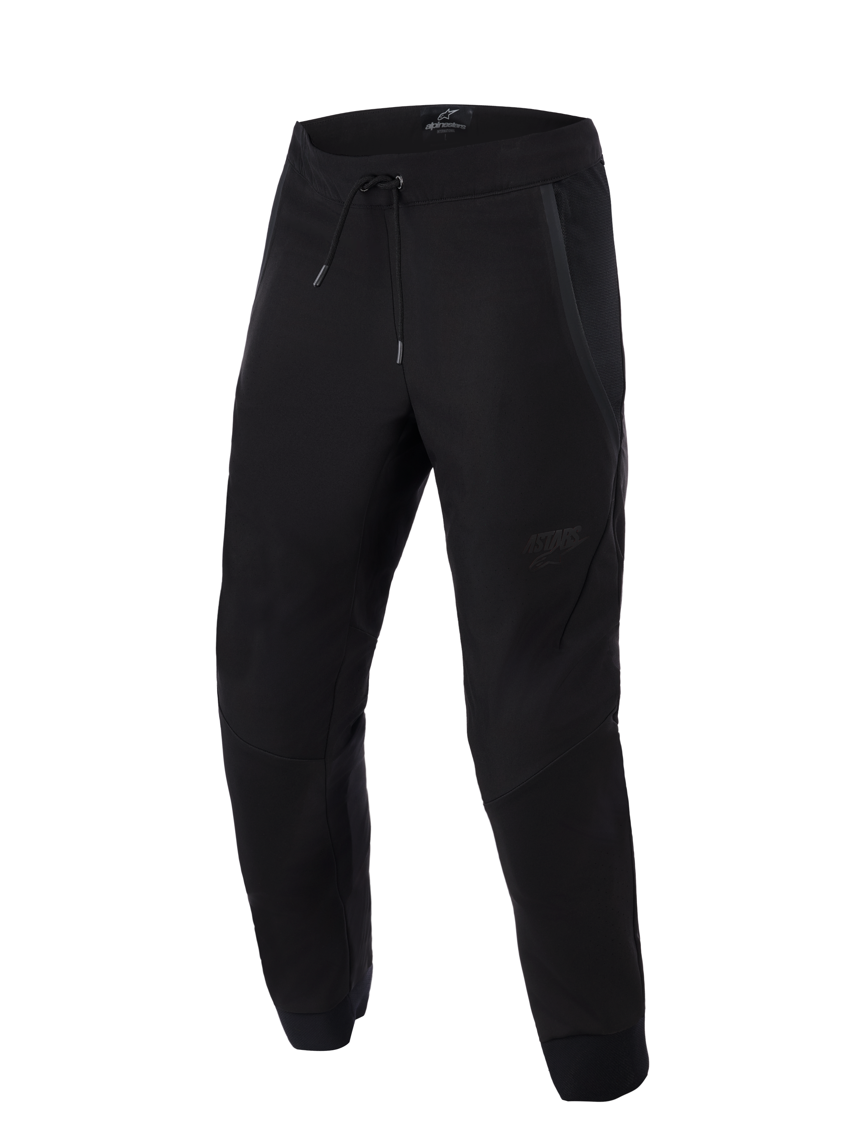 Spodnie Alpinestars Aeroshell Airflow, czarne, lekkie sportowo-turystyczne spodnie motocyklowe, z rozległymi panelami z siatki dla wentylacji, elastycznym pasem ze sznurkiem, profilowanymi nogawkami i subtelnym tonalnym logo na udzie.