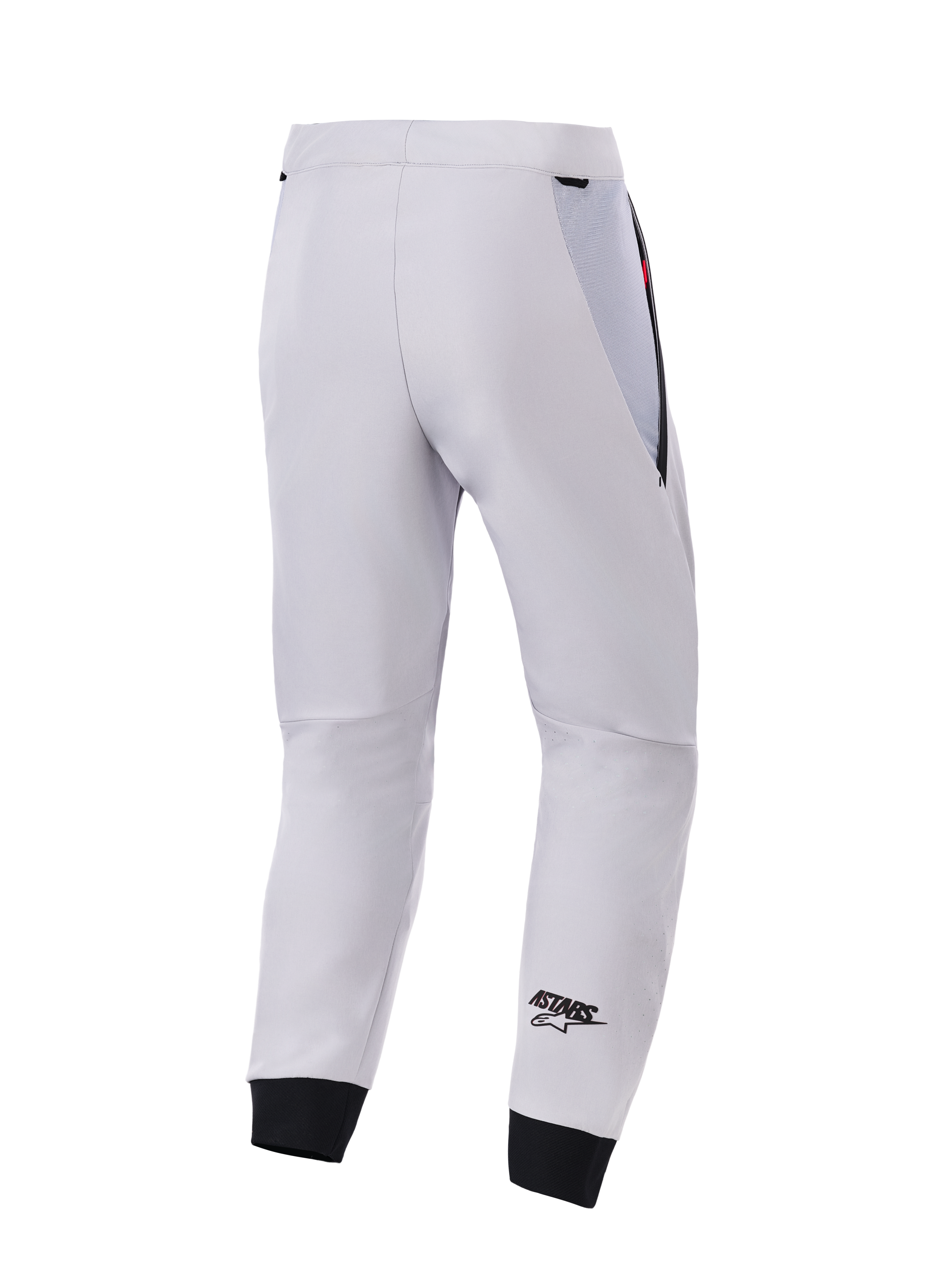 Alpinestars Aeroshell Airflow Pants, widok z tyłu, średnioszare techniczne spodnie motocyklowe softshell, czarne siatkowe panele na biodrach i elastyczne mankiety, czarne logo ASTARS na nogawce, lekka i wentylowana konstrukcja sportowa