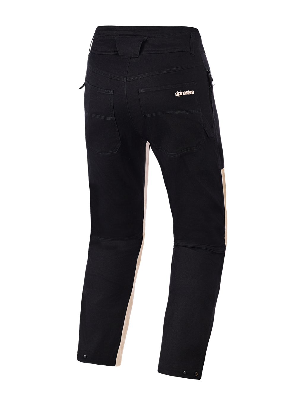 Spodnie Alpinestars Flex-AST Canvas, widok z tyłu, Black Aluminum, czarna polibawełna twill z jasnobeżowymi akcentami po wewnętrznej stronie nogawek, dwie tylne kieszenie z logo Alpinestars, zatrzaski regulacyjne przy nogawkach, miejskie spodnie motocyklowe inspirowane odzieżą roboczą.