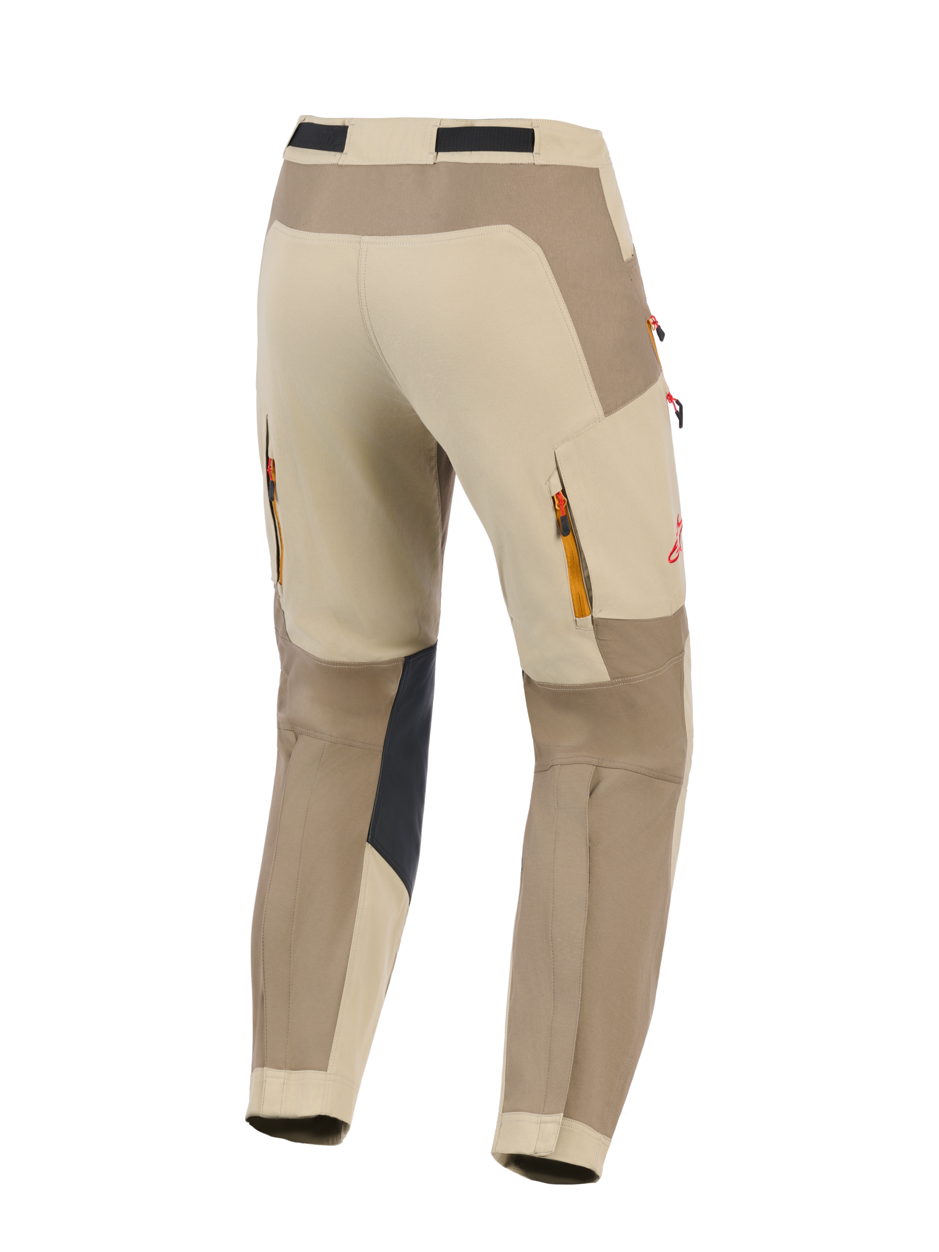 Alpinestars Maxdura Dual Pants, Walnut Aluminum, back view of adventure motorcycle pants in beige and brown, featuring black reinforced inner knee panels, zippered rear exhaust vents, red logo detail, and durable stretch polyamide construction for dual-sport riding