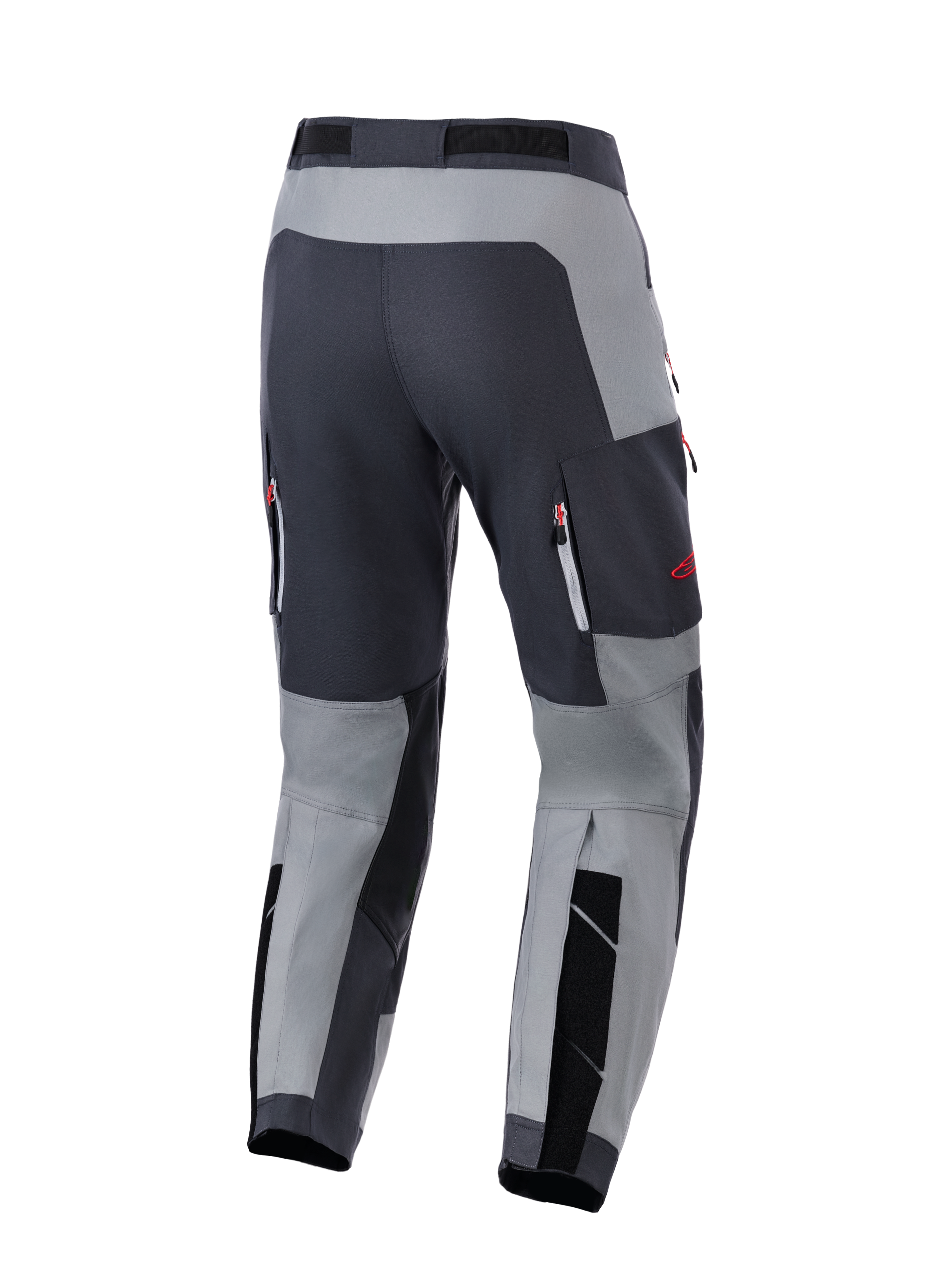 Alpinestars Maxdura Dual Pants, spodnie motocyklowe adventure, ciemnoszare i głęboko szare, widok z tyłu ukazujący wzmocnioną strefę siedzenia i kieszenie wentylacyjne na zamek z czerwonymi akcentami, zaprojektowane do jazdy dual-sport