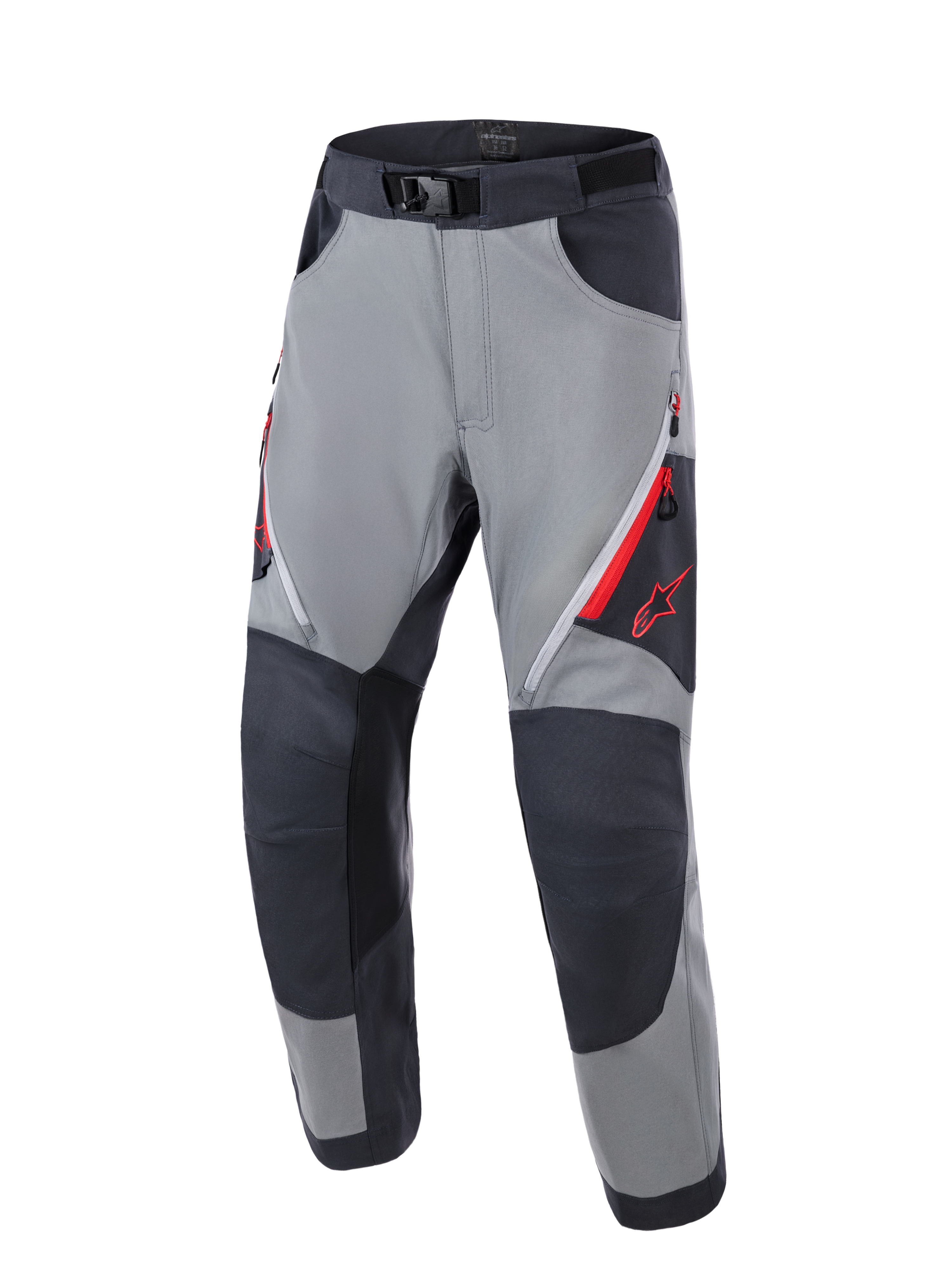 Alpinestars Maxdura Dual Pants, spodnie motocyklowe adventure, ciemnoszare i grafitowe, wzmocnione panele na kolanach, czerwone otwory wentylacyjne na zamki na udach, czerwone logo Astars, regulowany pas z klamrą magnetyczną, przeznaczone do jazdy dual-sport