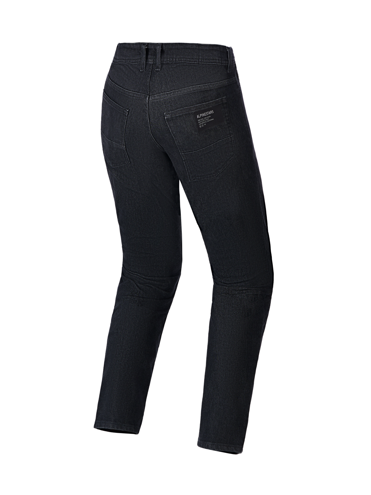 Alpinestars Flex-AST 5 Denim Pants, jeansy motocyklowe, kolor Black Washed, widok z tyłu przedstawiający tylne kieszenie i naszywkę z logo Alpinestars, jednowarstwowa konstrukcja z elastycznego denimu, regularny zwężany krój