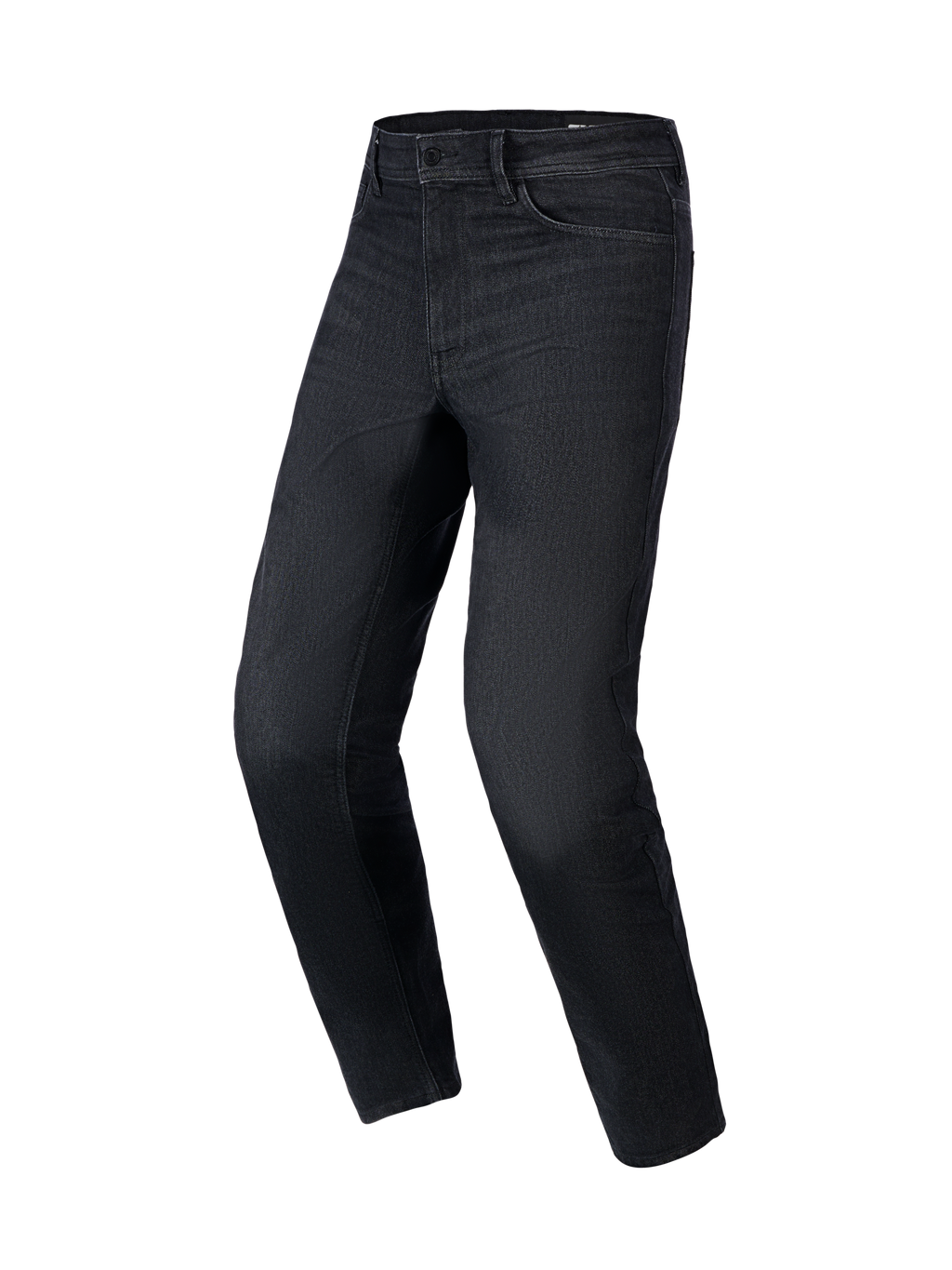 Spodnie Alpinestars Flex-AST 5 Denim, motocyklowe jeansy w kolorze Black Washed, regularny zwężany krój, fason z pięcioma kieszeniami i szlufkami na pasek, elastyczna tkanina denim, miejska ochronna odzież motocyklowa