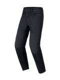 Spodnie Alpinestars Flex-AST 5 Denim, motocyklowe jeansy w kolorze Black Washed, regularny zwężany krój, fason z pięcioma kieszeniami i szlufkami na pasek, elastyczna tkanina denim, miejska ochronna odzież motocyklowa