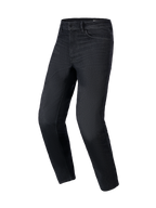 Spodnie Alpinestars Flex-AST 5 Denim, motocyklowe jeansy w kolorze Black Washed, regularny zwężany krój, fason z pięcioma kieszeniami i szlufkami na pasek, elastyczna tkanina denim, miejska ochronna odzież motocyklowa