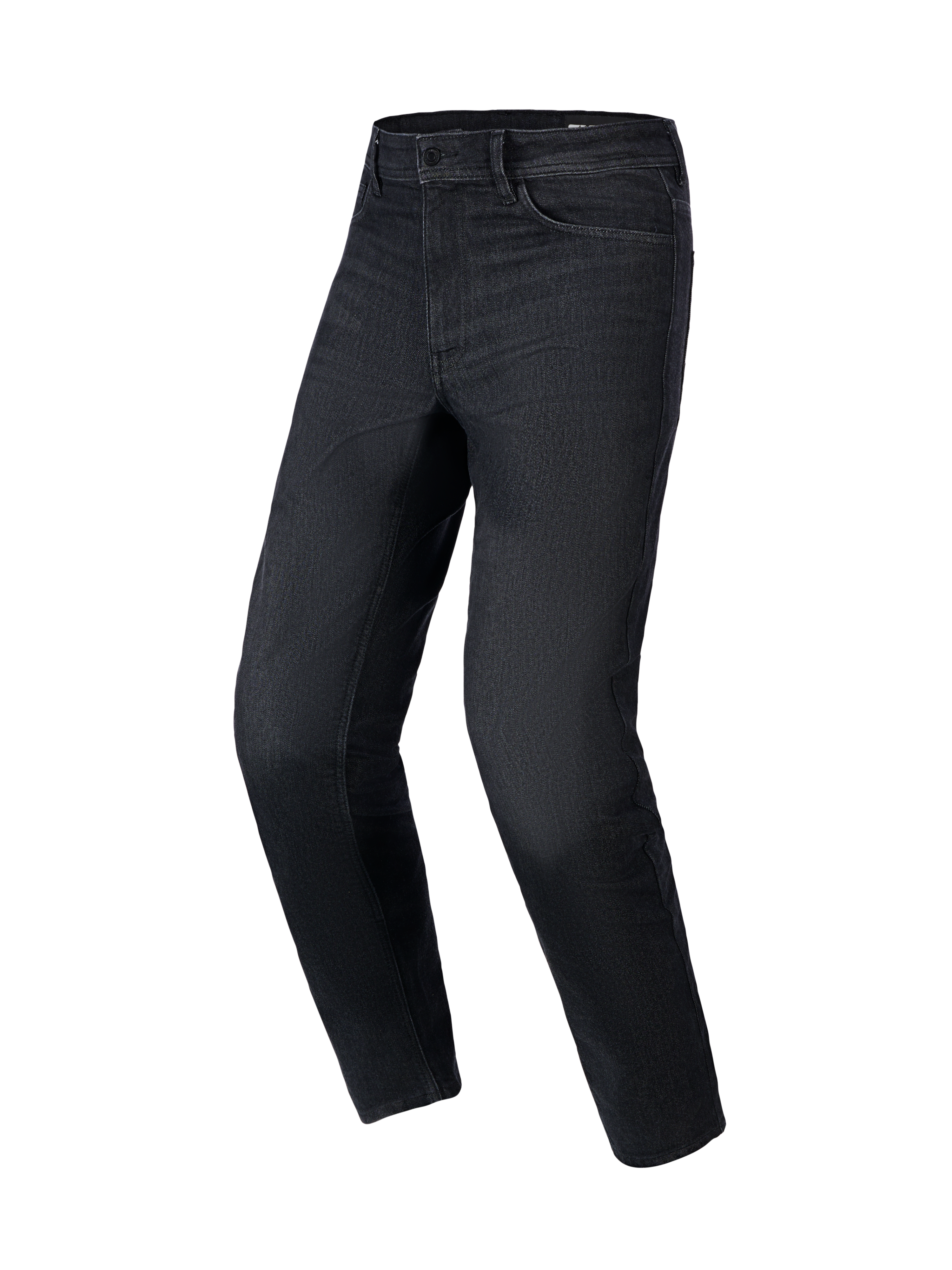 Spodnie Alpinestars Flex-AST 5 Denim, motocyklowe jeansy w kolorze Black Washed, regularny zwężany krój, fason z pięcioma kieszeniami i szlufkami na pasek, elastyczna tkanina denim, miejska ochronna odzież motocyklowa