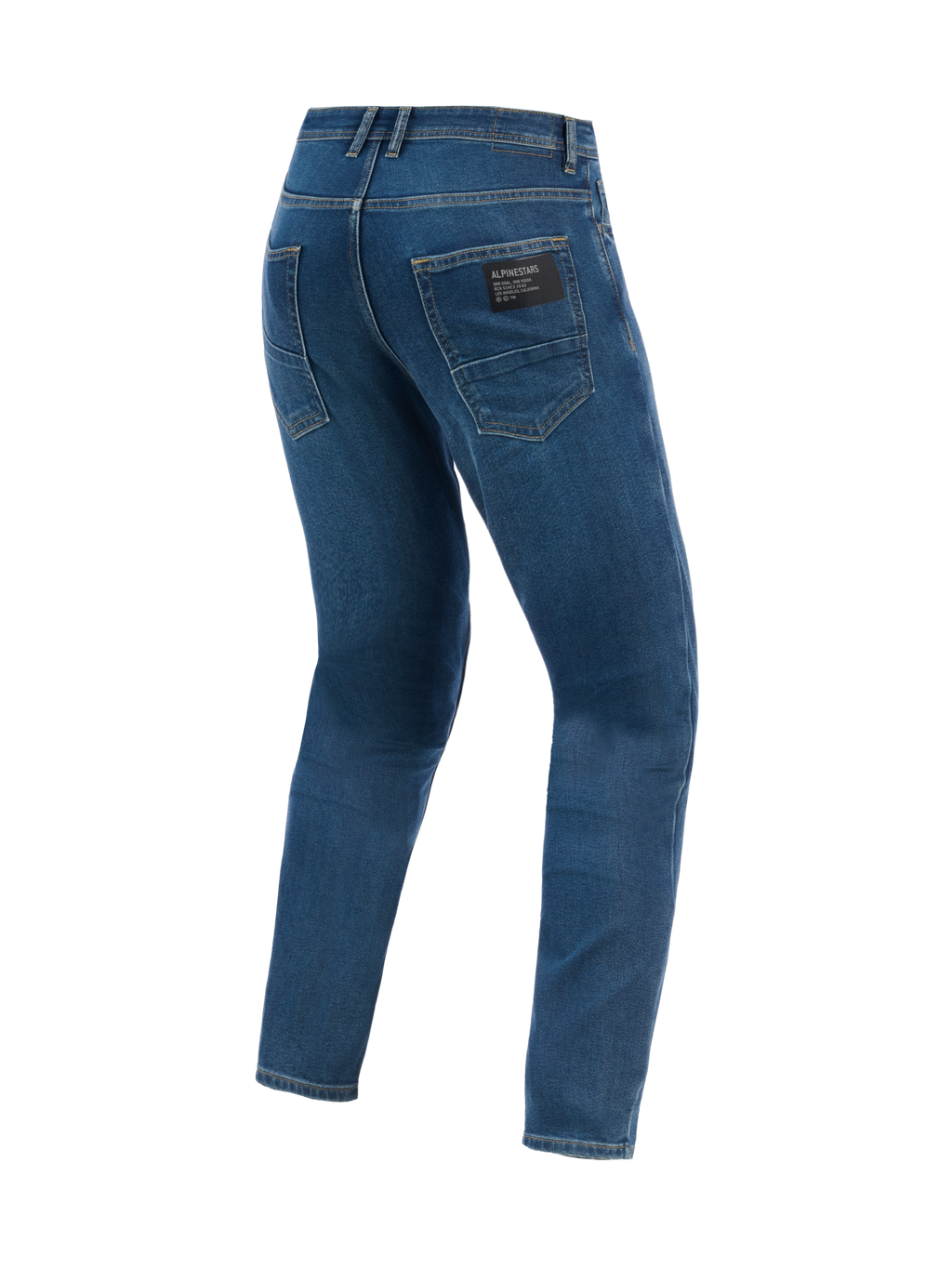 Alpinestars Flex-AST 5 Denim Pants, miejskie spodnie motocyklowe, niebieskie Indigo Washed, widok z tyłu pokazujący zwężany krój i tylne kieszenie z czarną naszywką z logo Alpinestars