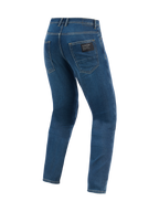 Alpinestars Flex-AST 5 Denim Pants, miejskie spodnie motocyklowe, niebieskie Indigo Washed, widok z tyłu pokazujący zwężany krój i tylne kieszenie z czarną naszywką z logo Alpinestars