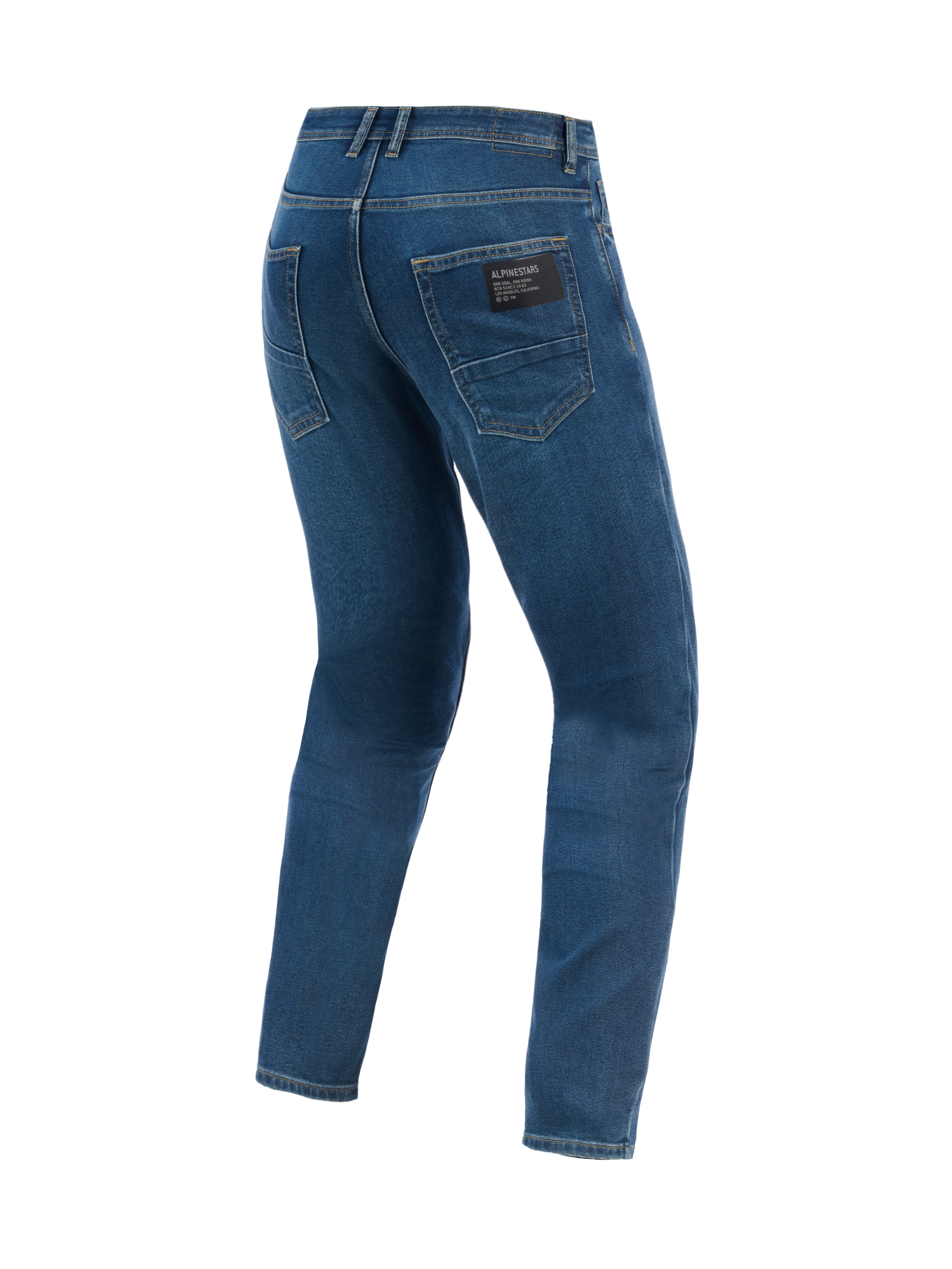 Alpinestars Flex-AST 5 Denim Pants, miejskie spodnie motocyklowe, niebieskie Indigo Washed, widok z tyłu pokazujący zwężany krój i tylne kieszenie z czarną naszywką z logo Alpinestars