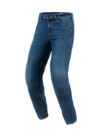 Alpinestars Flex-AST 5 Denim Pants, miejskie jeansy motocyklowe, niebieskie (Indigo Washed), nowoczesny zwężany krój, jednowarstwowa konstrukcja z elastycznego denimu, wstępnie wyprofilowane nogawki zapewniające ergonomię jazdy