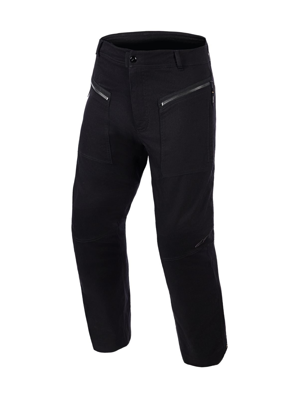 Alpinestars Flex-AST Canvas Pants Short, miejskie spodnie motocyklowe, czarne, przednie kieszenie z podwójnym dostępem zapinane na zamek, płócienna konstrukcja inspirowana odzieżą roboczą, profilowane panele na kolanach, czysty, użytkowy design zapewniający ochronę i komfort podczas jazdy