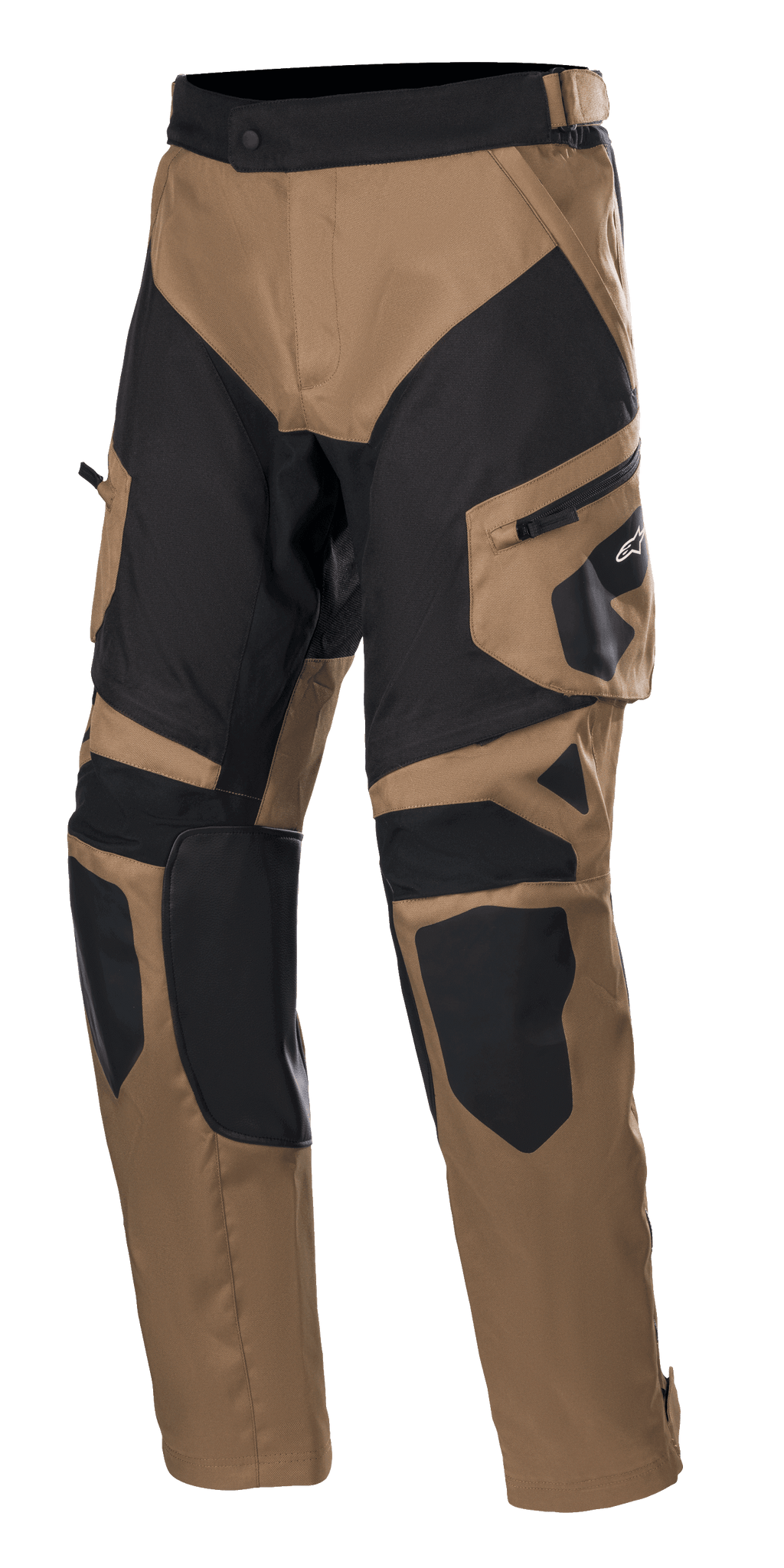 Alpinestars Venture XT Pants Over Boot, turystyczne spodnie motocyklowe adventure, w kolorze camel i czarnym, wzmocnione panele na kolanach i udach, boczna kieszeń cargo z logo Alpinestars, regulowany pasek w talii