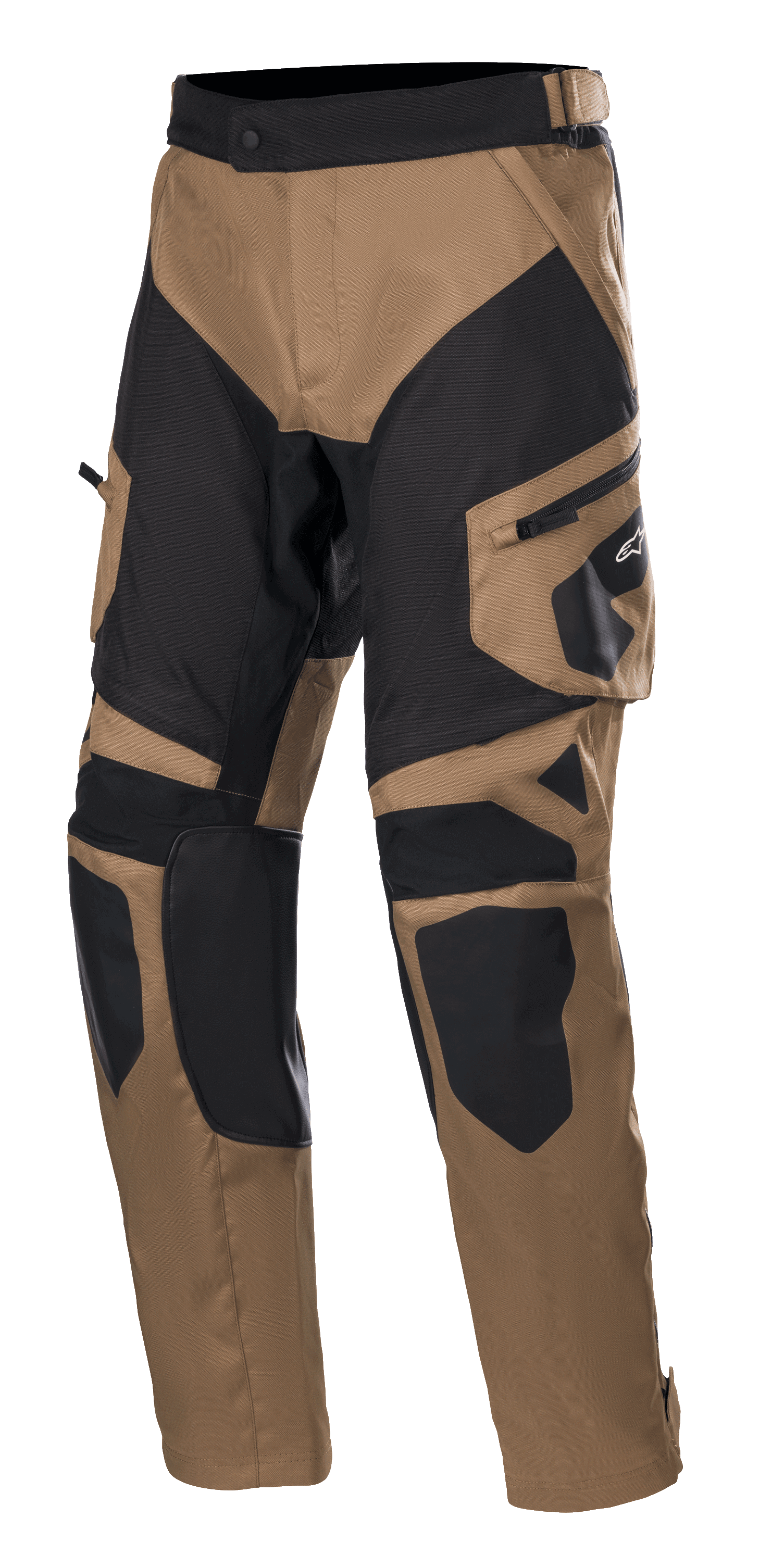 Alpinestars Venture XT Pants Over Boot, turystyczne spodnie motocyklowe adventure, w kolorze camel i czarnym, wzmocnione panele na kolanach i udach, boczna kieszeń cargo z logo Alpinestars, regulowany pasek w talii