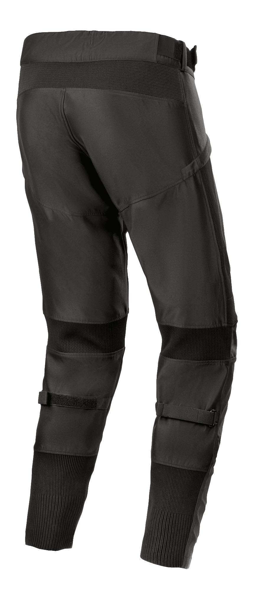 Alpinestars T SP-5 Rideknit® Pants, tekstylne spodnie motocyklowe, czarne, widok z tyłu prezentujący wysoki profil z tyłu i zwężany krój, wyposażone w elastyczne panele w technologii dzianinowej za kolanami i kostkami, regulowane paski na łydkach, wyczynowa odzież szosowa