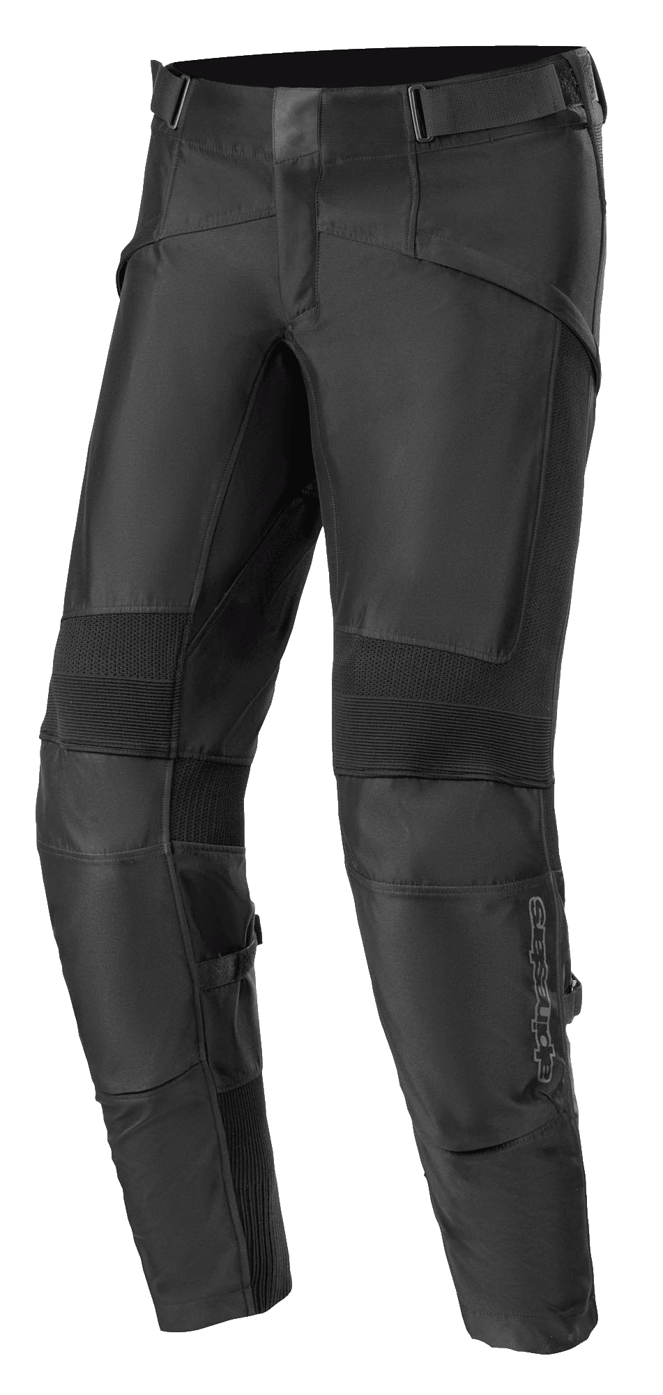 Alpinestars T SP-5 Rideknit Pants, czarne tekstylne spodnie motocyklowe, żebrowane panele elastyczne na kolanach, regulowane paski w pasie, wytrzymałe sekcje dzianinowe zapewniające elastyczność, sportowy zwężany krój