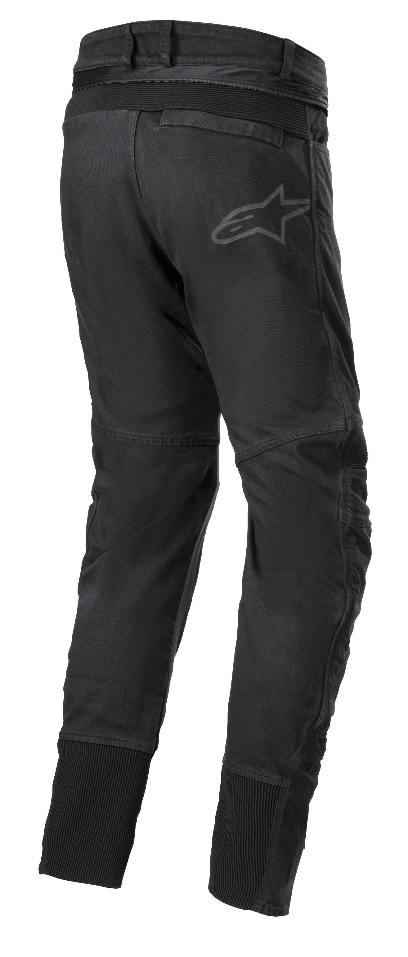 Alpinestars SP Pro Pants, techniczne sportowe spodnie motocyklowe w kolorze czarnym, widok z tyłu pokazujący zamek do łączenia w pasie, elastyczne wstawki RIDEKNIT na tylnym karczku i łydkach oraz subtelne logo.